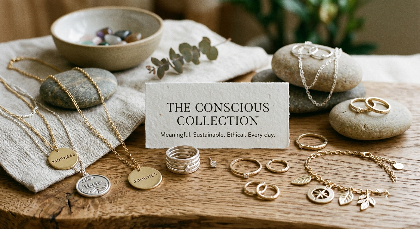 Conscious jewelry collection featuring meaningful everyday pieces with sustainable and ethical design concepts