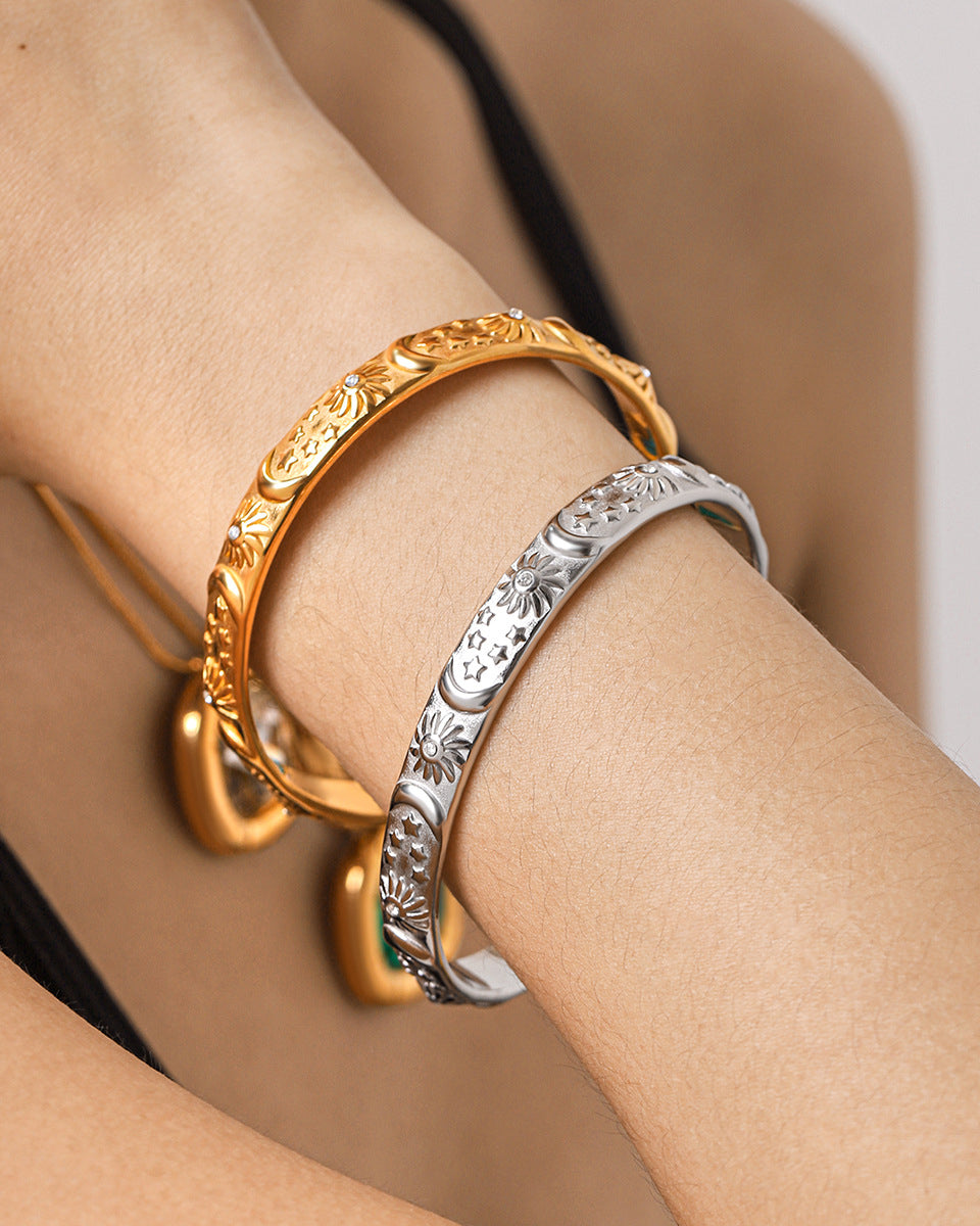 Vintage Sun & Moon Silver Open Bangle
