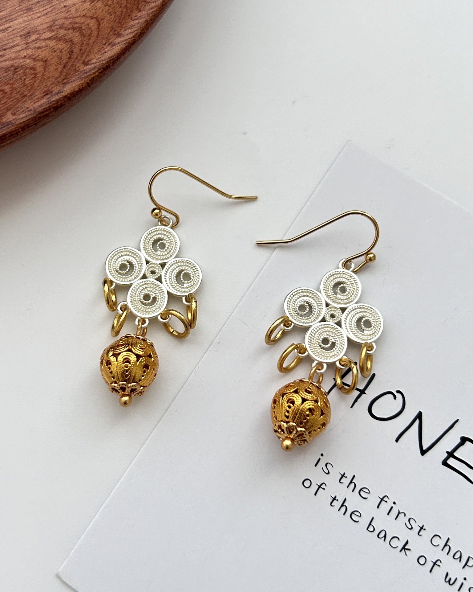 Filigree Bloom and Gold Orb Drop Earrings