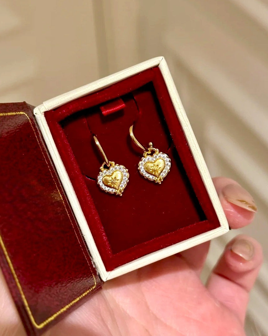 Vintage Heart Diamond Drop Earrings