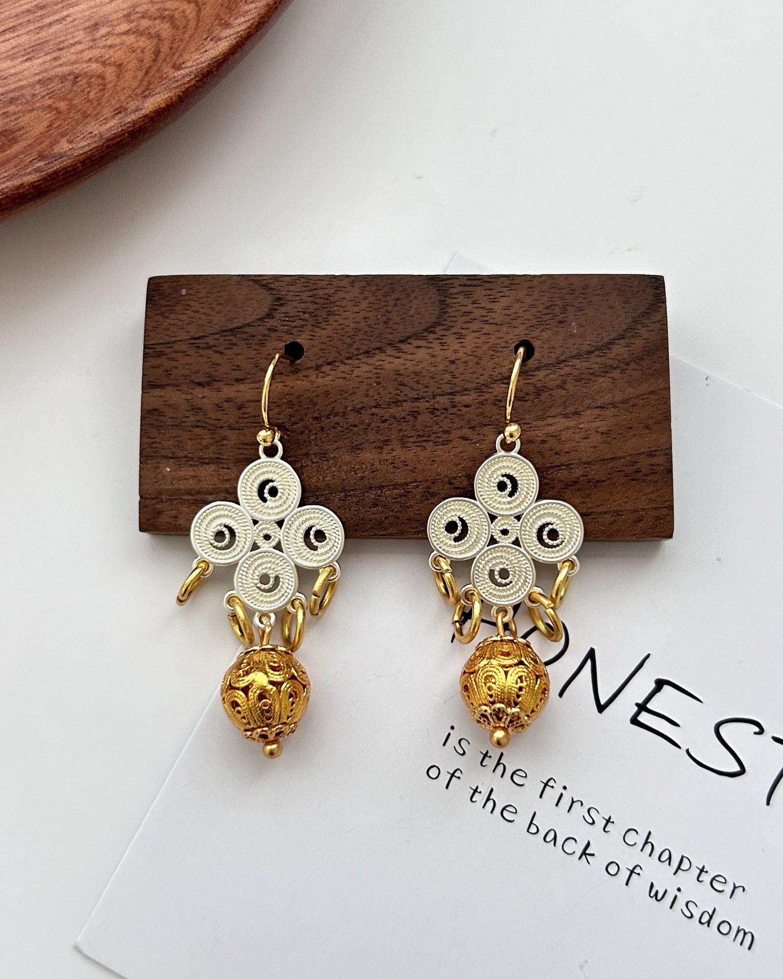 Filigree Bloom and Gold Orb Drop Earrings