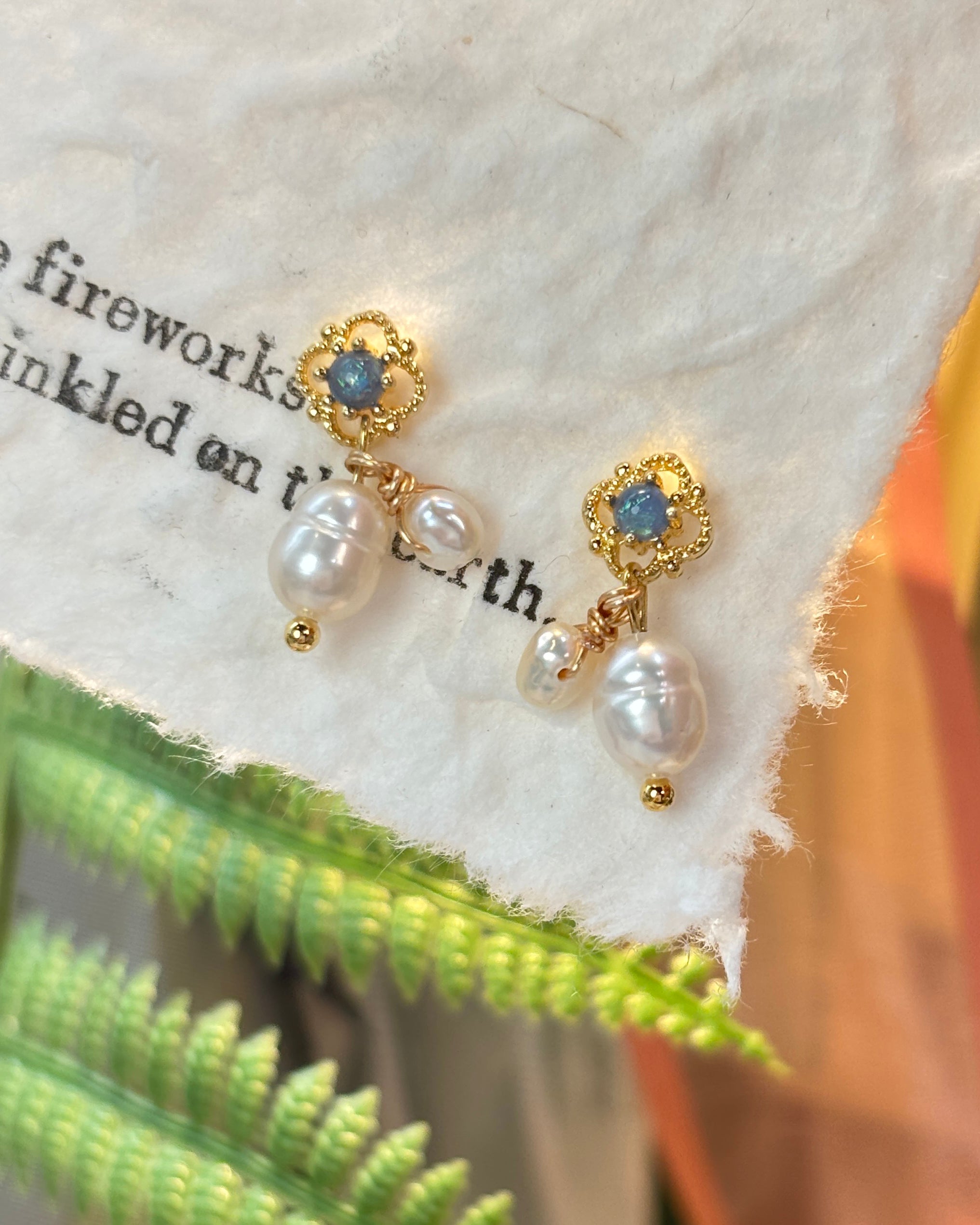 Floral Carved Natural Pearl Drop Earrings