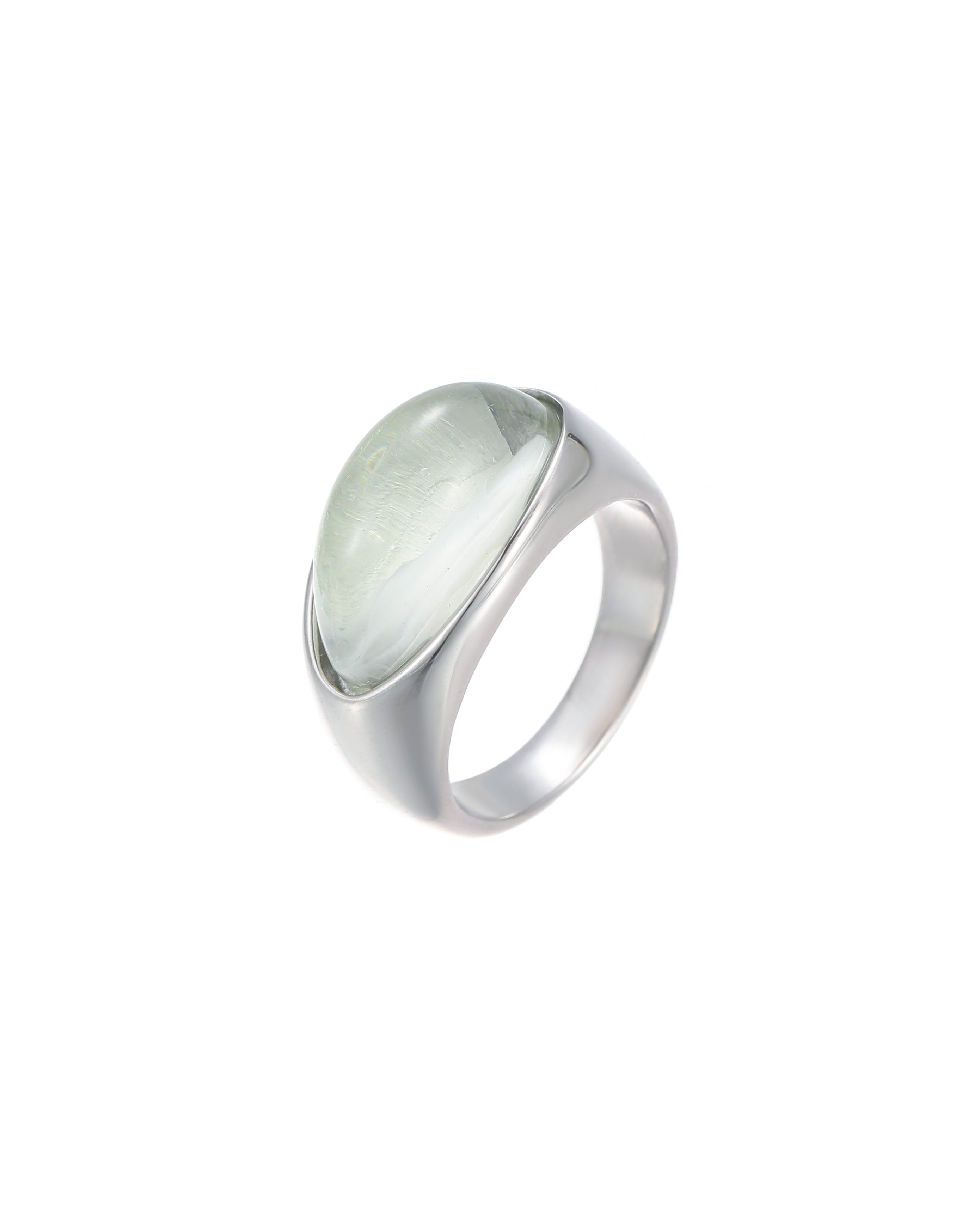 A bold, high-polish silver stainless steel ring featuring a large, domed water-drop shaped cabochon made of translucent pale green resin with delicate milky swirls.