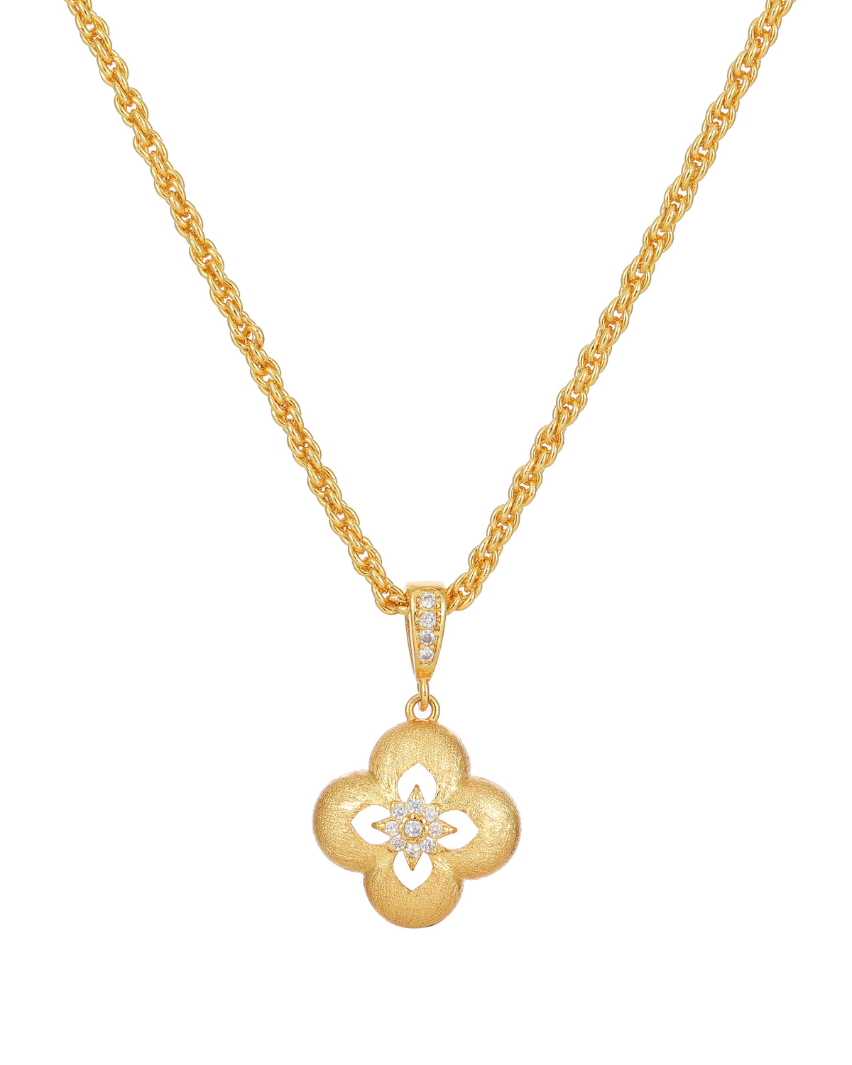Vintage Brushed Gold Clover Pendant Necklace