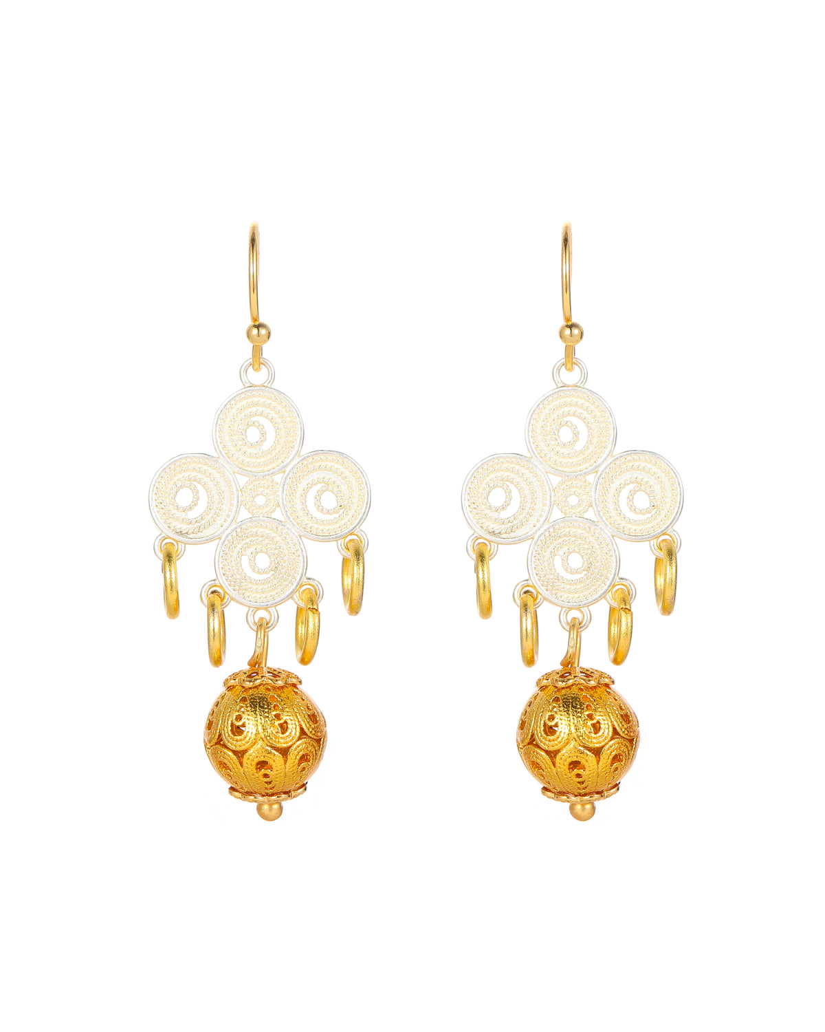 Filigree Bloom and Gold Orb Drop Earrings