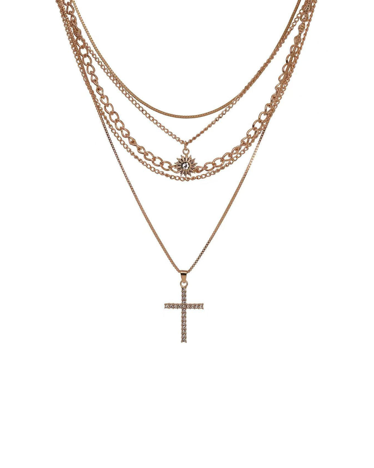 Layered Sun and Cross Zircon Necklace Set