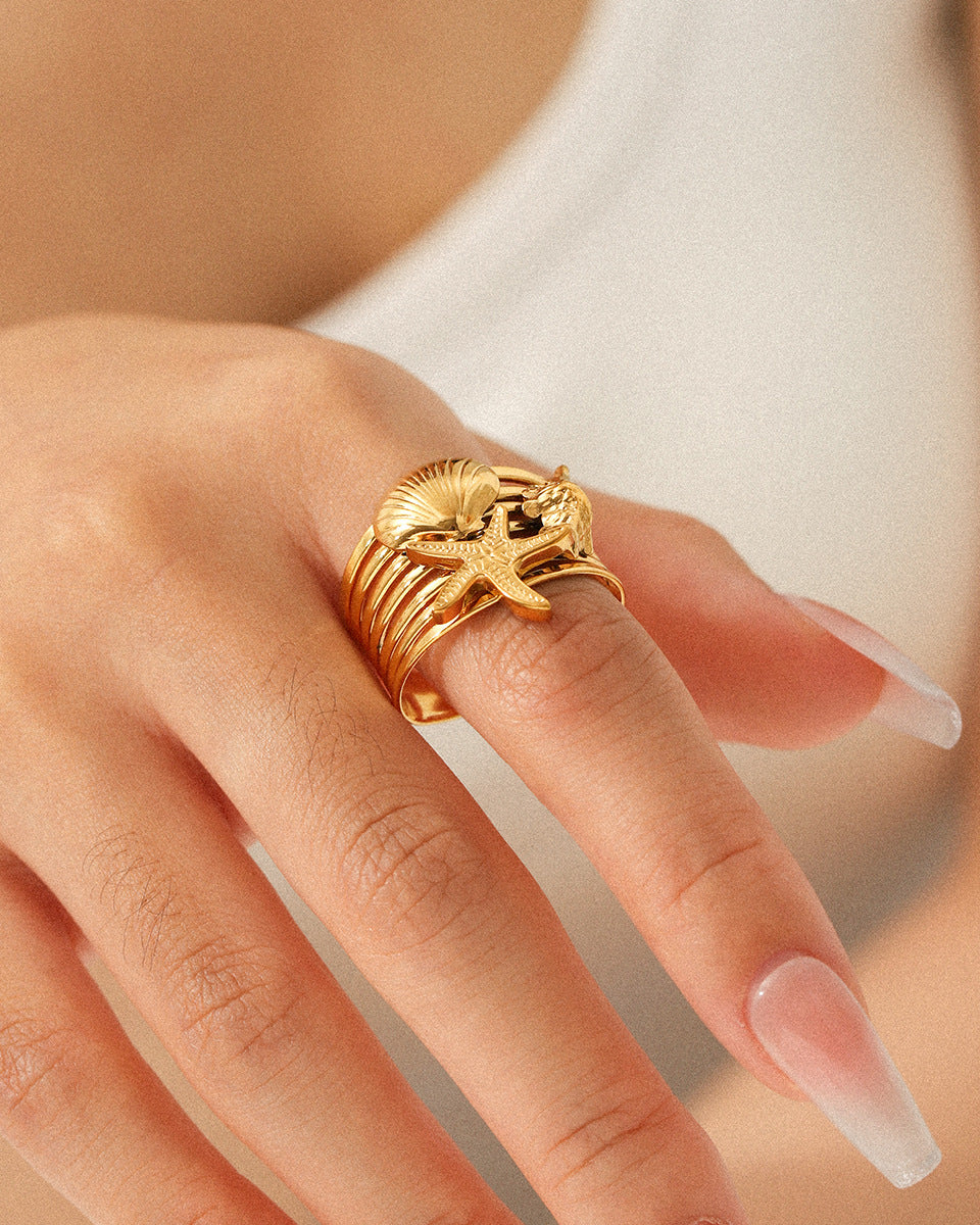 Seashell & Starfish Statement Ring