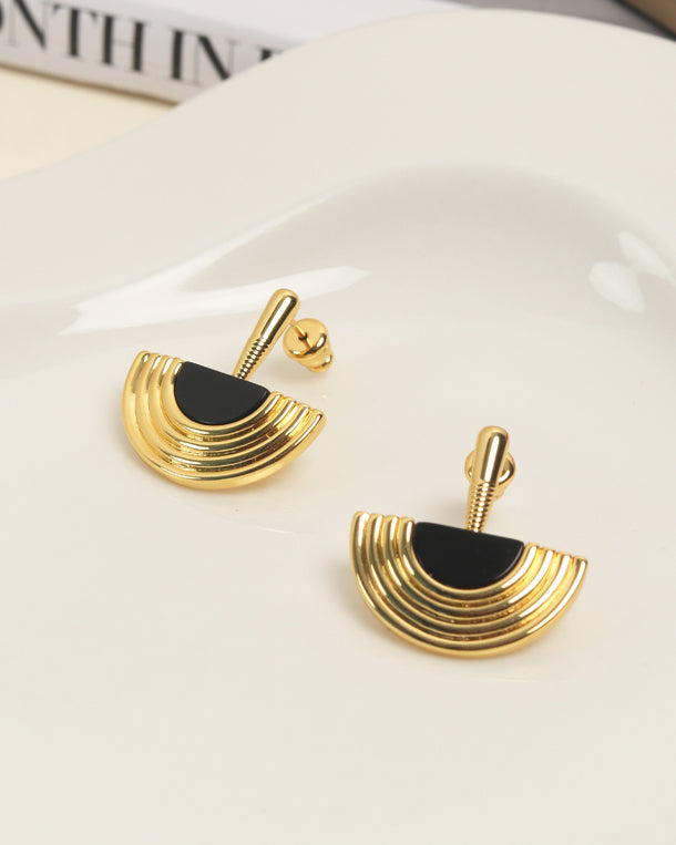 Sculptural Black Agate & Gold Earrings