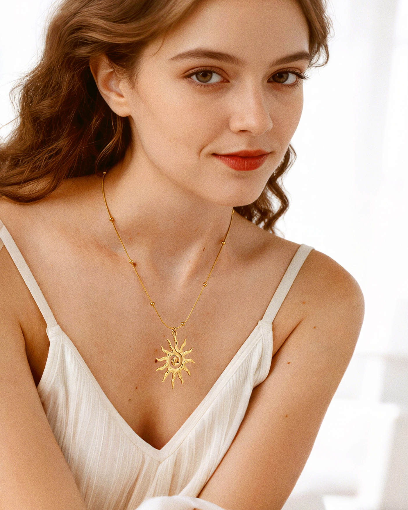 model wearing spiral pendant necklace