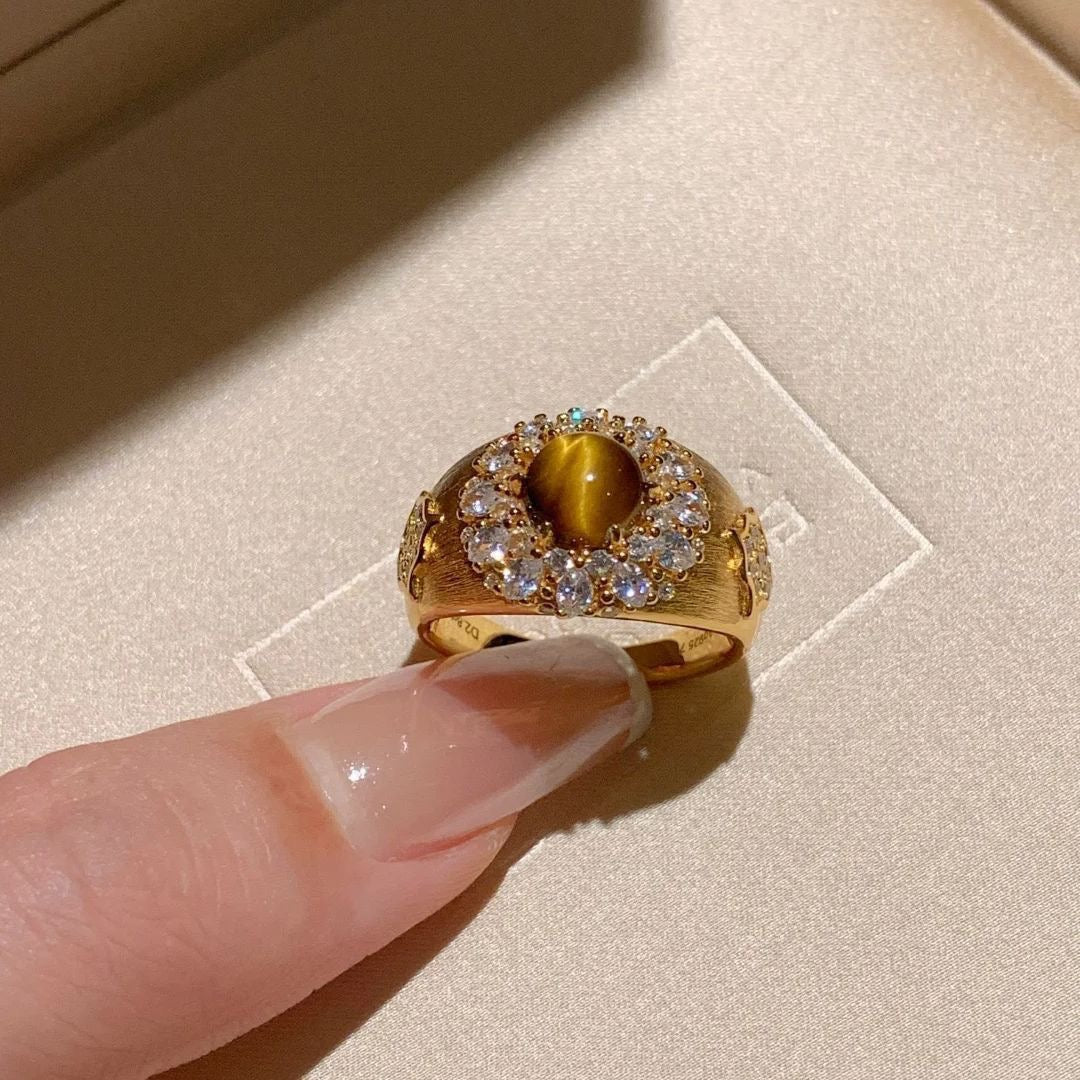 YUHE Vintage Brushed Melard Tiger Eye Zircon Wide Ring