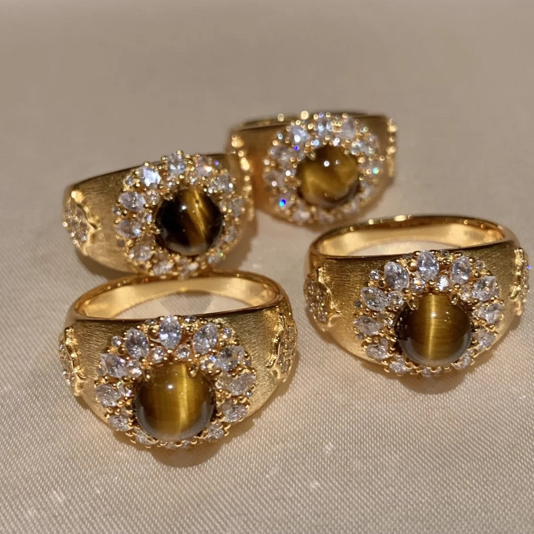 YUHE Vintage Brushed Melard Tiger Eye Zircon Wide Ring