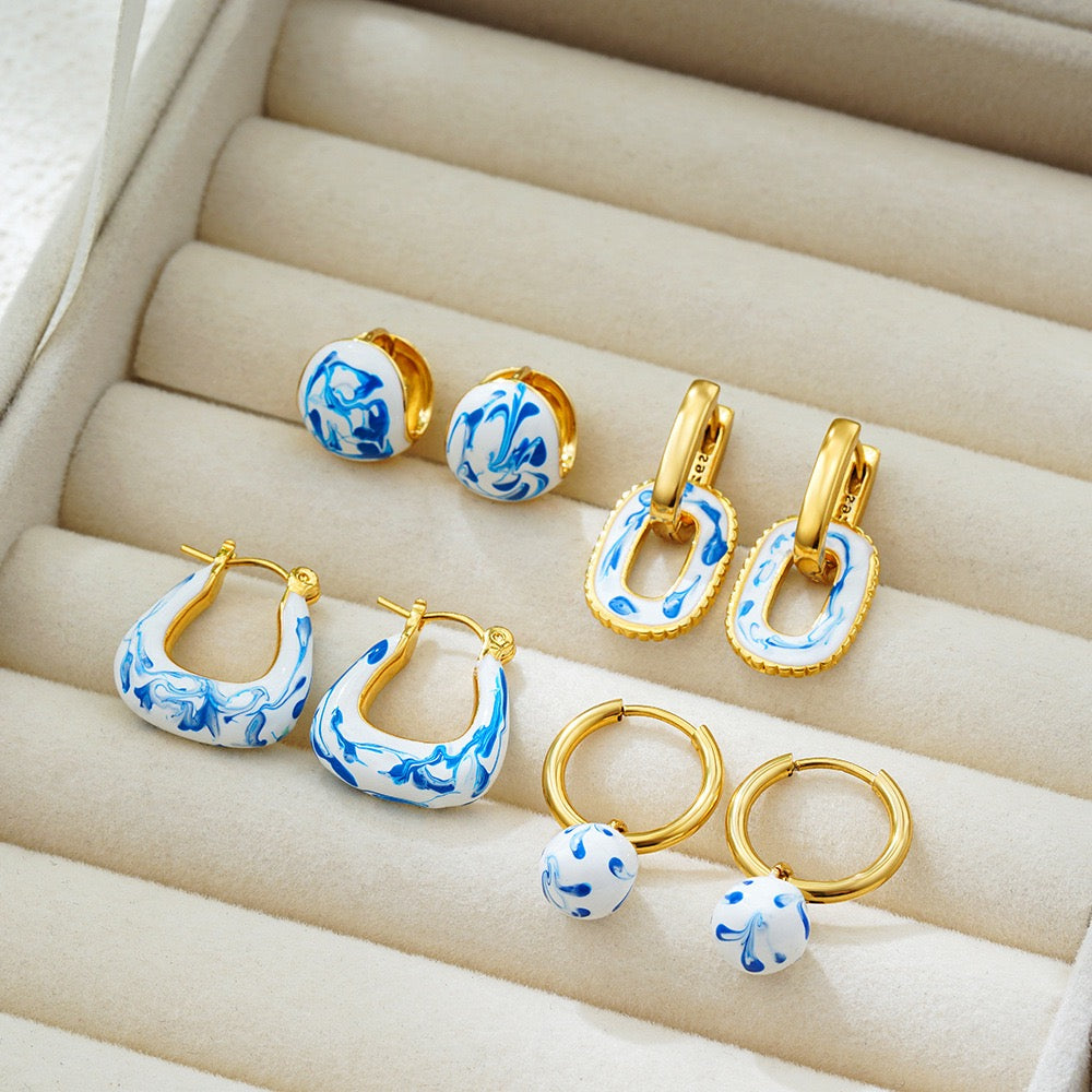 YUHE Ethnic Blue-and-White Porcelain Enamel Earrings