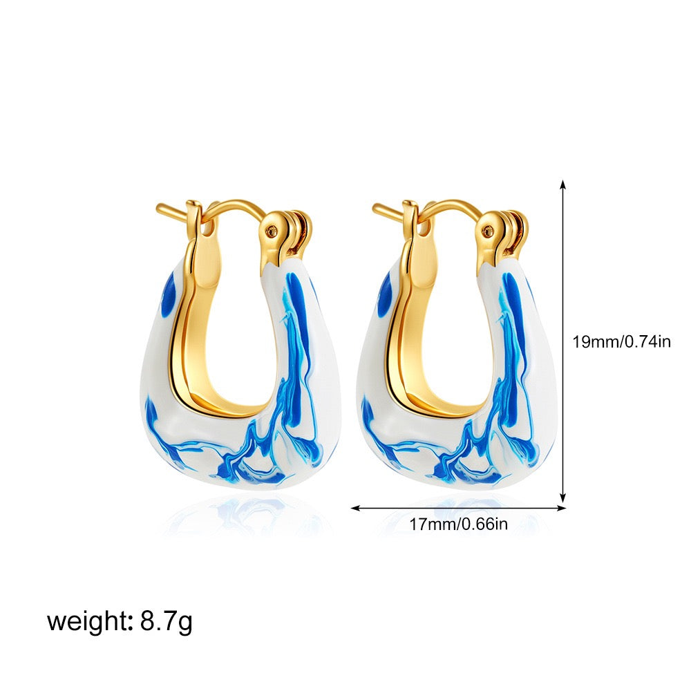 Ink & Azure Flow: U-Shaped Porcelain Earrings