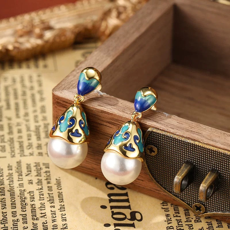 Baroque Pearl Enamel Drop Earrings