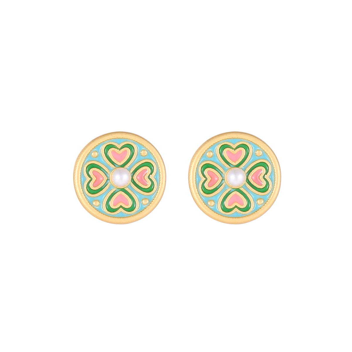 Enamel Clover Pearl Stud Earrings