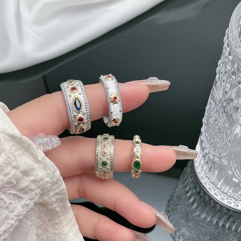 Exquisite Classical Ring Shining Zircon Ring Classic Palace Style Open Ring for Men and Women