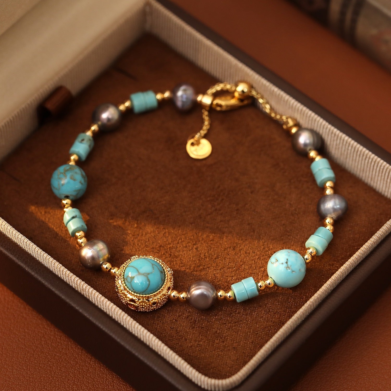 Chinese Turquoise Retro Bracelet Natural Stone Flower Hollow Freshwater Pearl Bracelet Blessing Bracelet