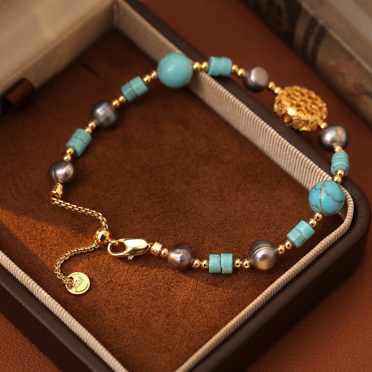 Chinese Turquoise Retro Bracelet Natural Stone Flower Hollow Freshwater Pearl Bracelet Blessing Bracelet