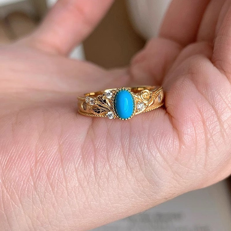 Flower Carved Blue Turquoise Ring Vintage Natural Stone Women's Ring Opening Adjustable