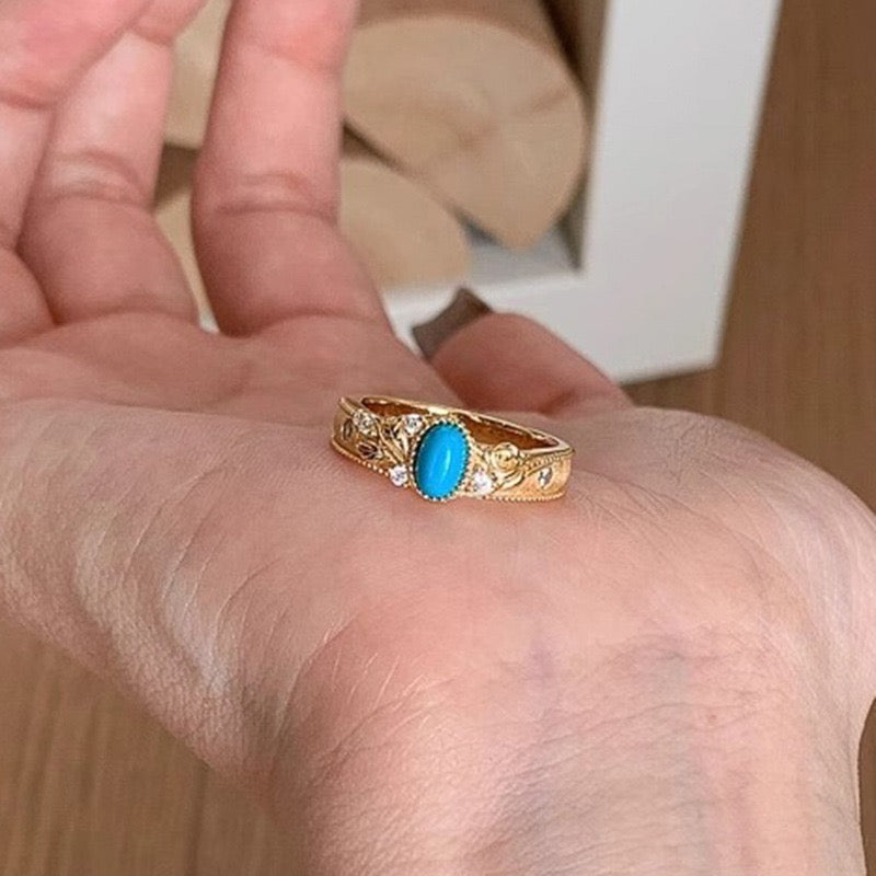 Flower Carved Blue Turquoise Ring Vintage Natural Stone Women's Ring Opening Adjustable