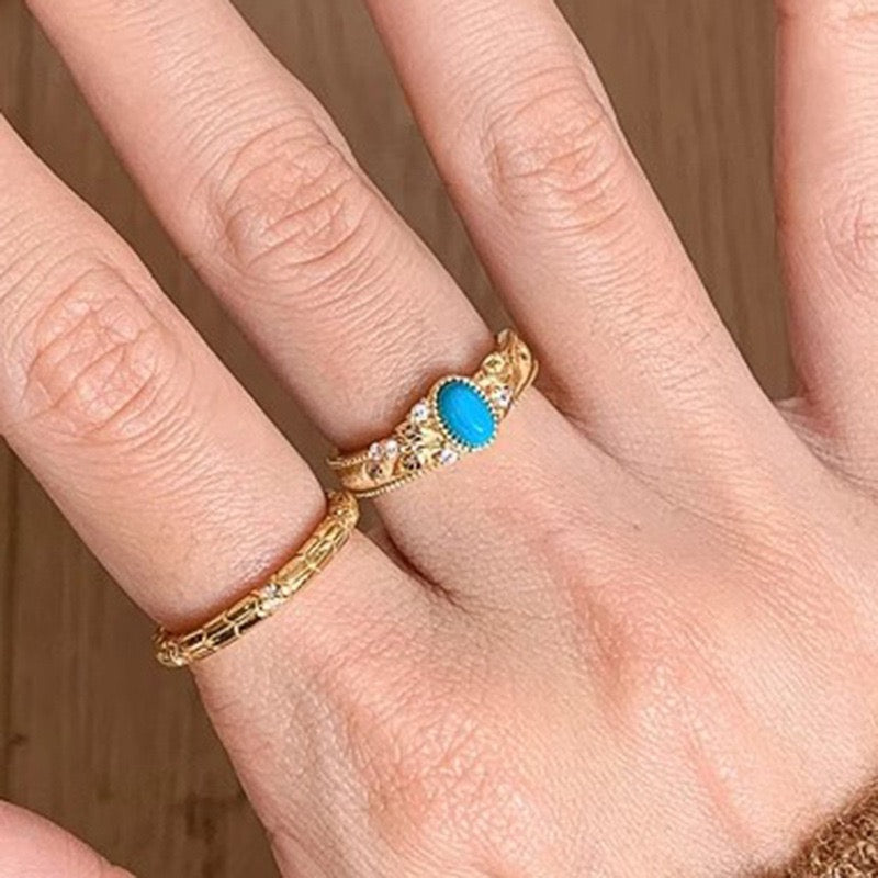 Flower Carved Blue Turquoise Ring Vintage Natural Stone Women's Ring Opening Adjustable