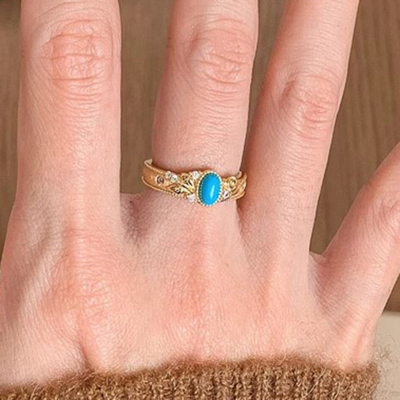Flower Carved Blue Turquoise Ring Vintage Natural Stone Women's Ring Opening Adjustable