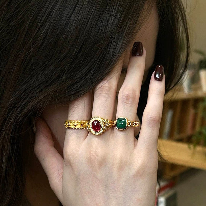 Green Emerald Sugar Cube Chalcedony Ring Vintage Natural Stone Classical Ring Women's Jewelry
