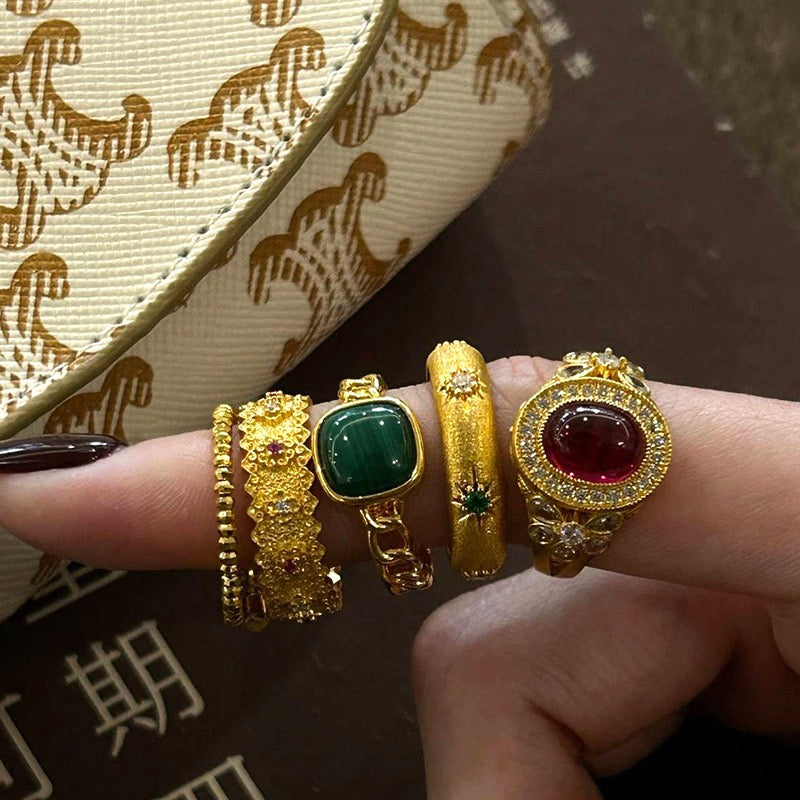 Green Emerald Sugar Cube Chalcedony Ring Vintage Natural Stone Classical Ring Women's Jewelry