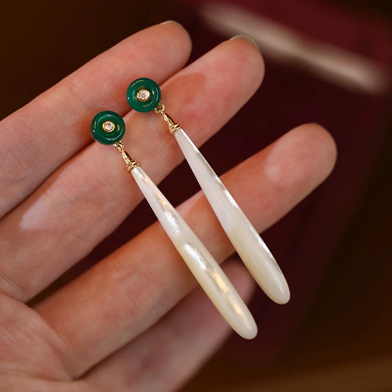 Vintage Natural Jade Earrings Oriental Style Green Pendant Sterling Silver Earrings Women's Jewelry