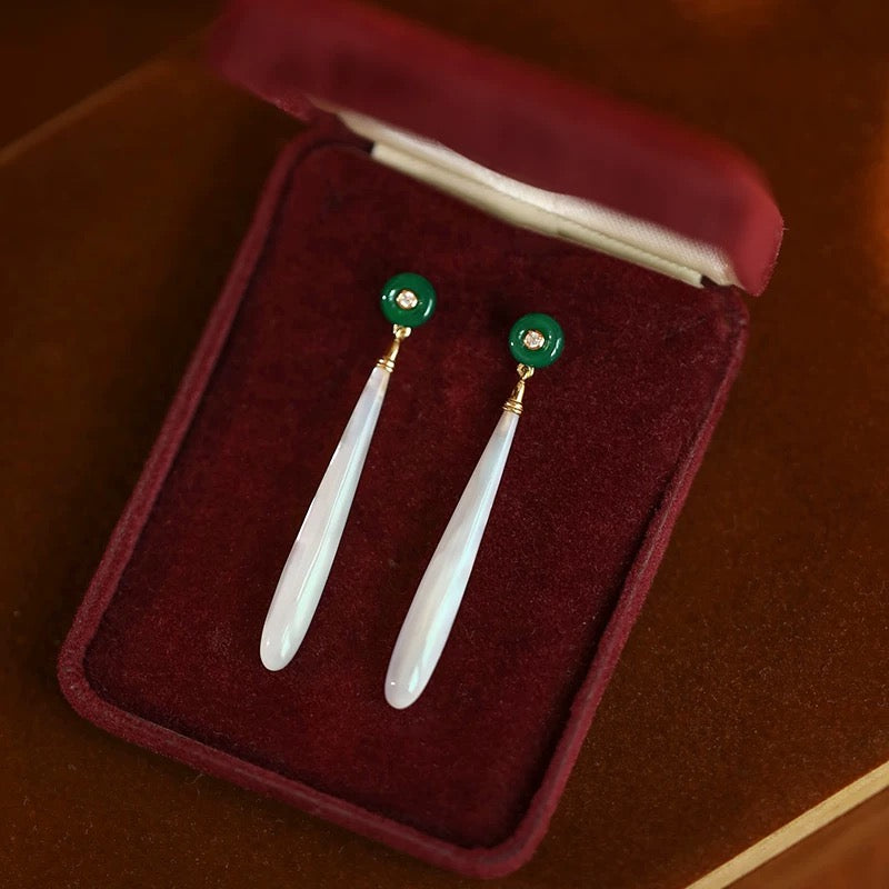 Vintage Natural Jade Earrings Oriental Style Green Pendant Sterling Silver Earrings Women's Jewelry