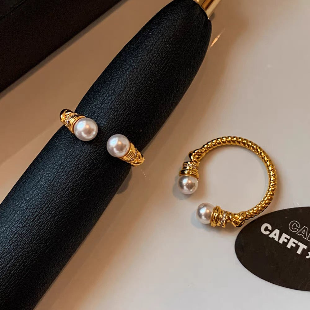 Vintage Brushed Diamond Ring Sparkling Natural Pearl Twist Open Ring Women‘s Jewelry