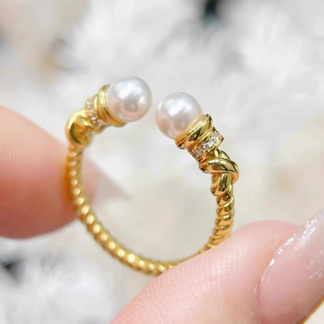 Vintage Brushed Diamond Ring Sparkling Natural Pearl Twist Open Ring Women‘s Jewelry