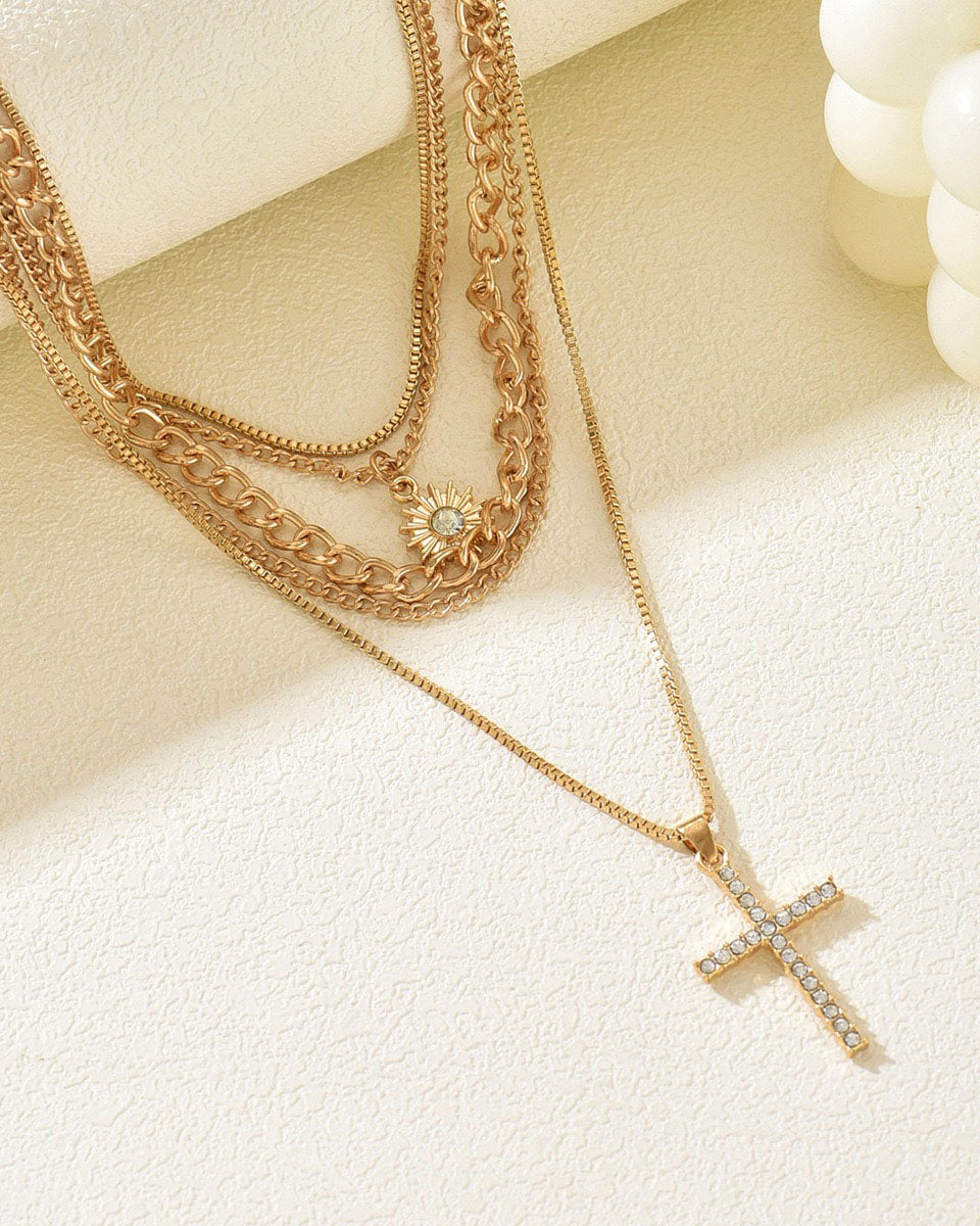 Layered Sun and Cross Zircon Necklace Set