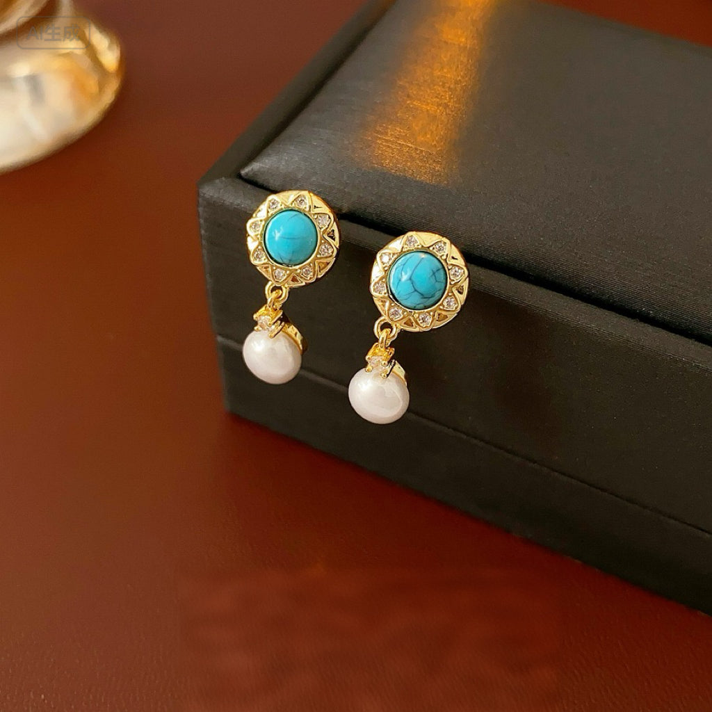 Vintage Zircon Pearl Pendant Earrings For Women Palace Style Earrings