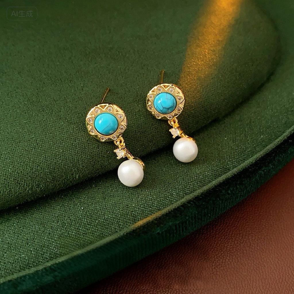 Vintage Zircon Pearl Pendant Earrings For Women Palace Style Earrings