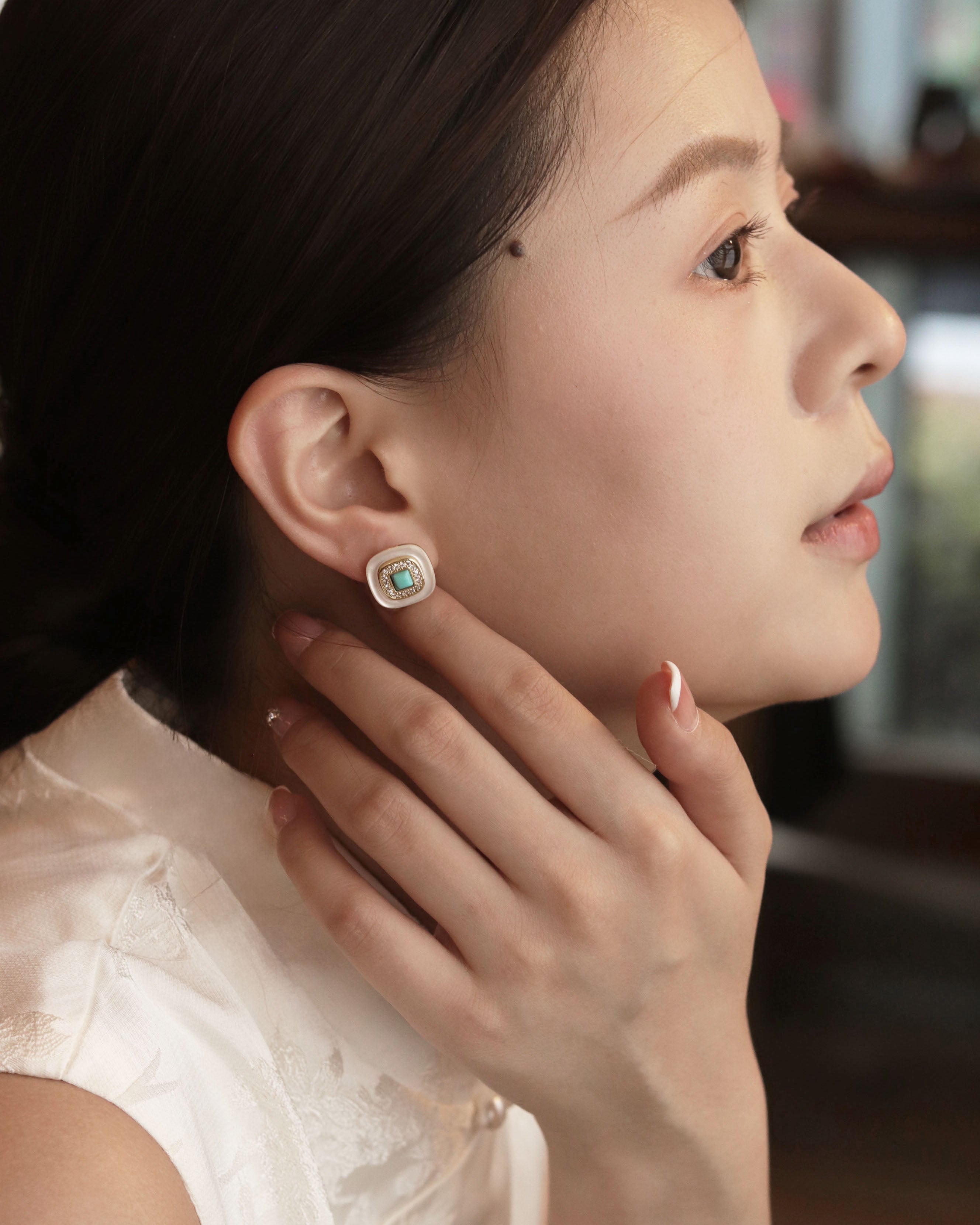 Square Pearl & Turquoise Stud Earrings