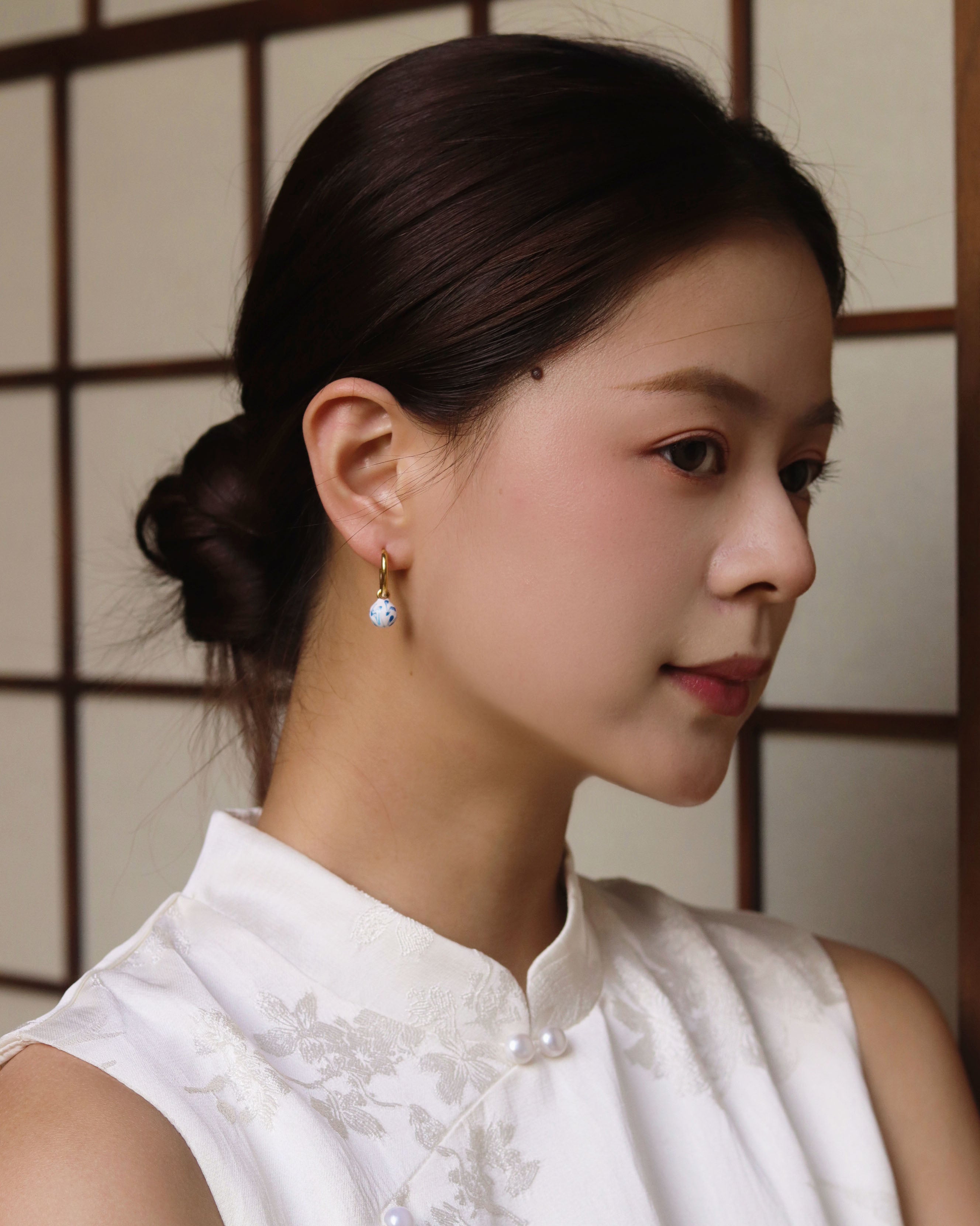 Ink & Azure Flow: Round Porcelain Drop Earrings