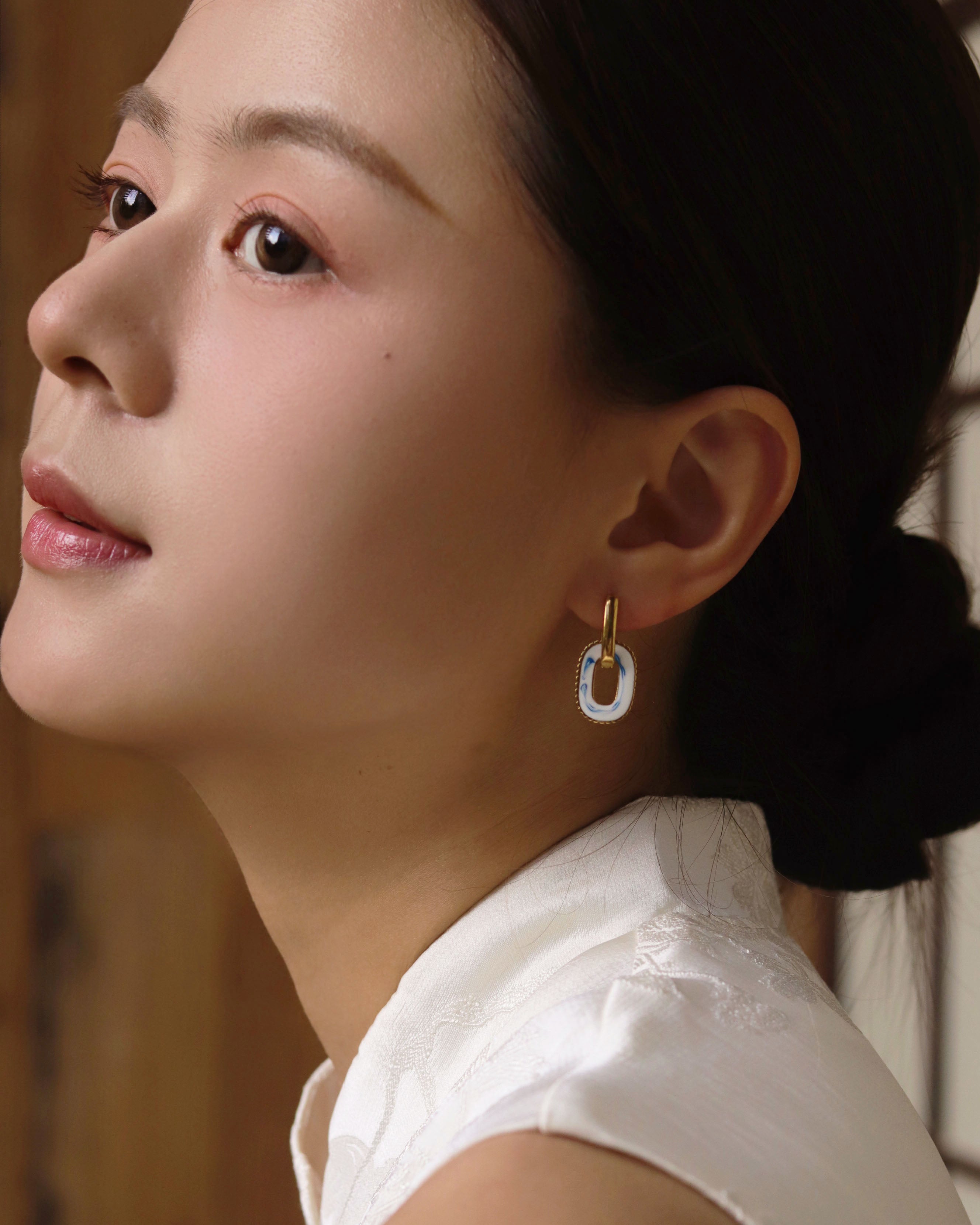 Ink & Azure Flow: Porcelain Charm Drop Earrings