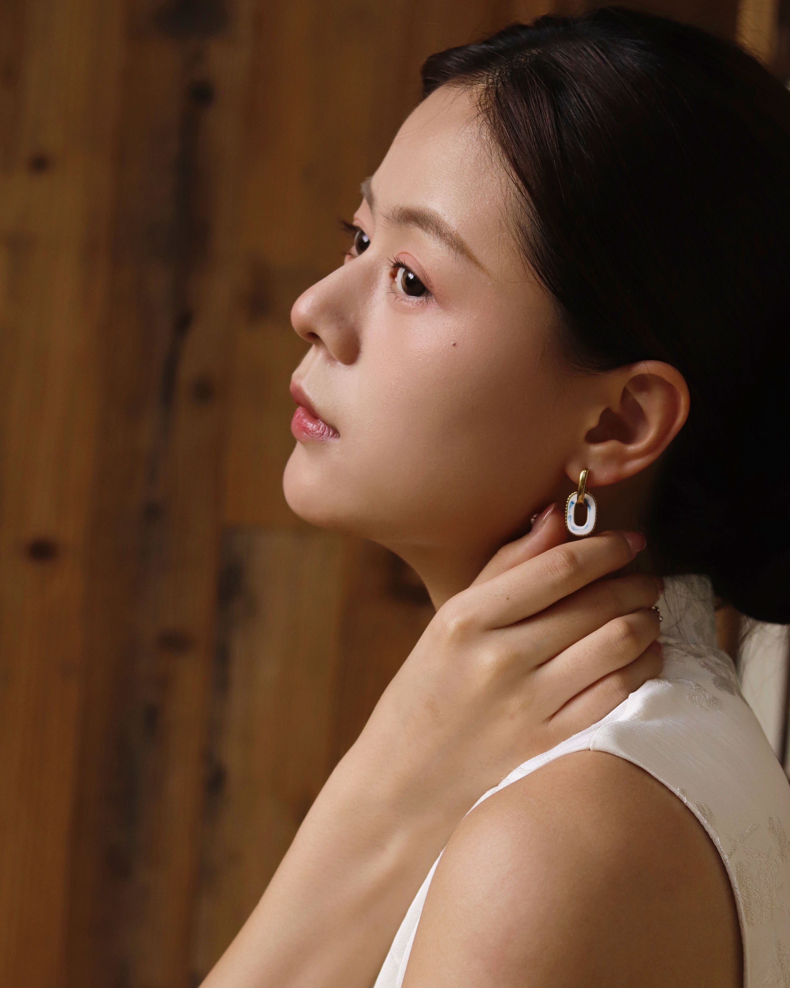 Ink & Azure Flow: Porcelain Charm Drop Earrings