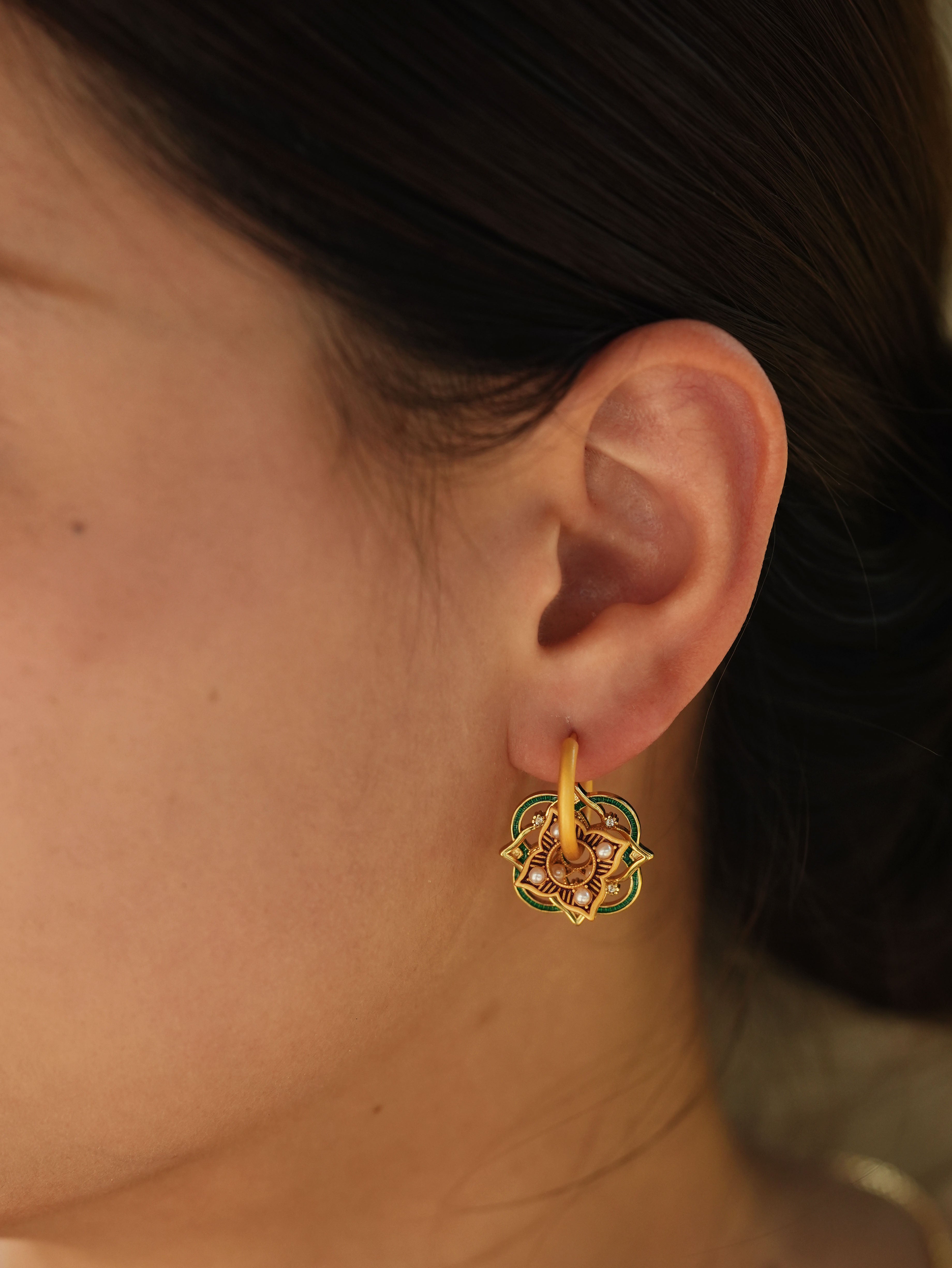 Oriental Flower Pearl Earrings | Detachable Gold Flower Stud Earrings with Pearl