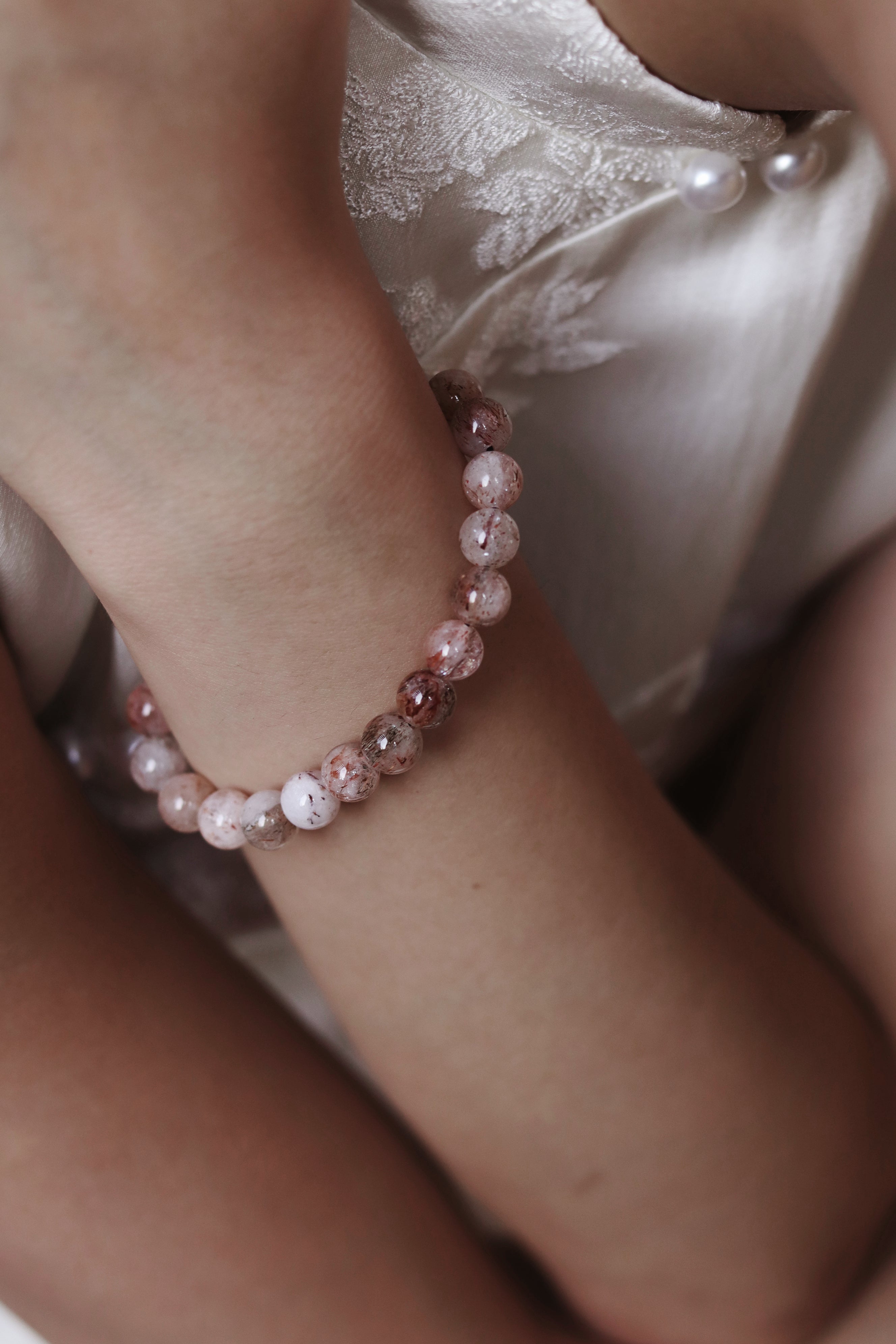 Handmade Natural Pink Rabbit Hair Crystal Bracelet DIY Beaded Bracelet