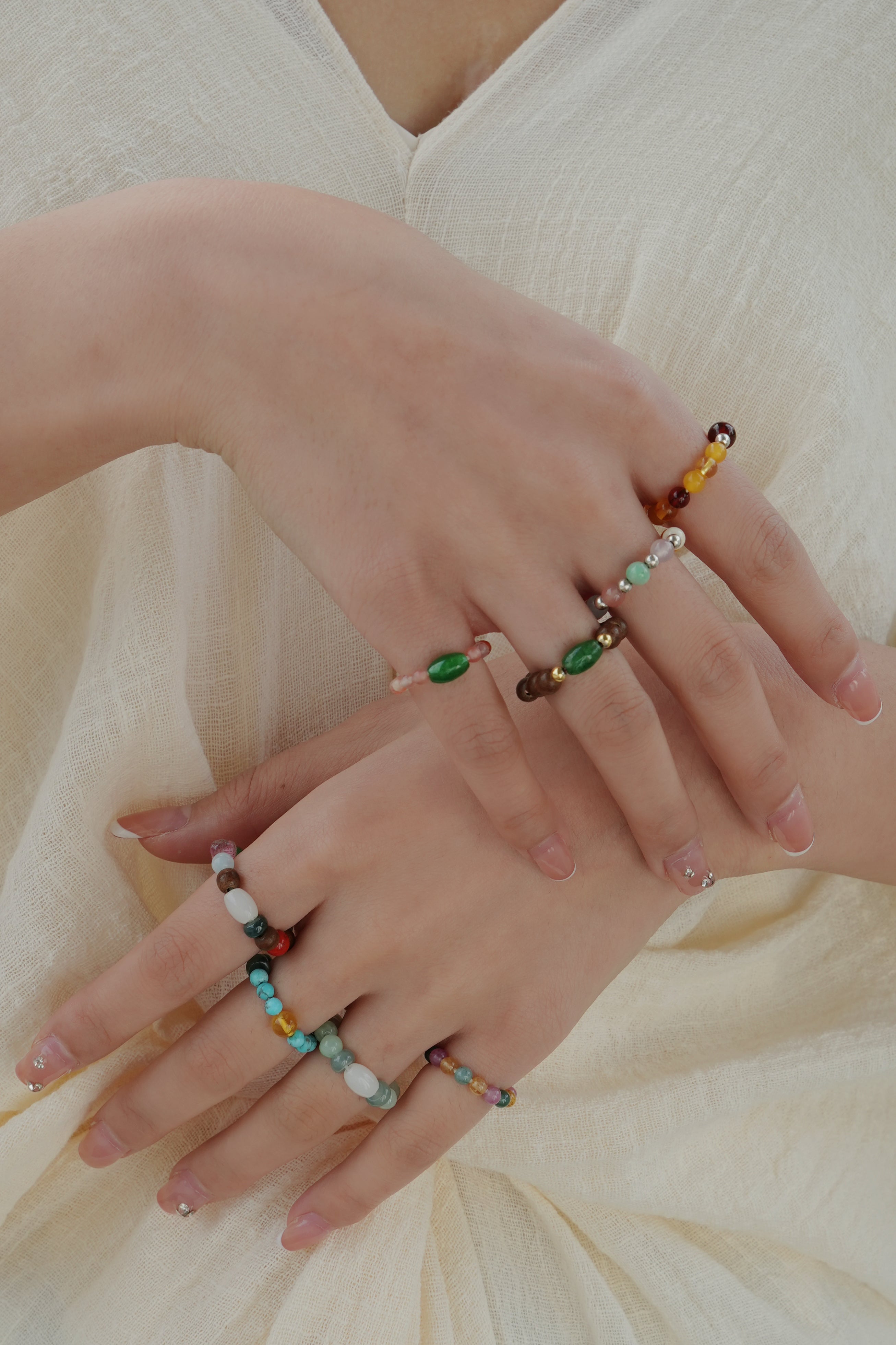 DIY Handmade Beaded Oriental Style Stud Ring Natural Amber Gold Ring