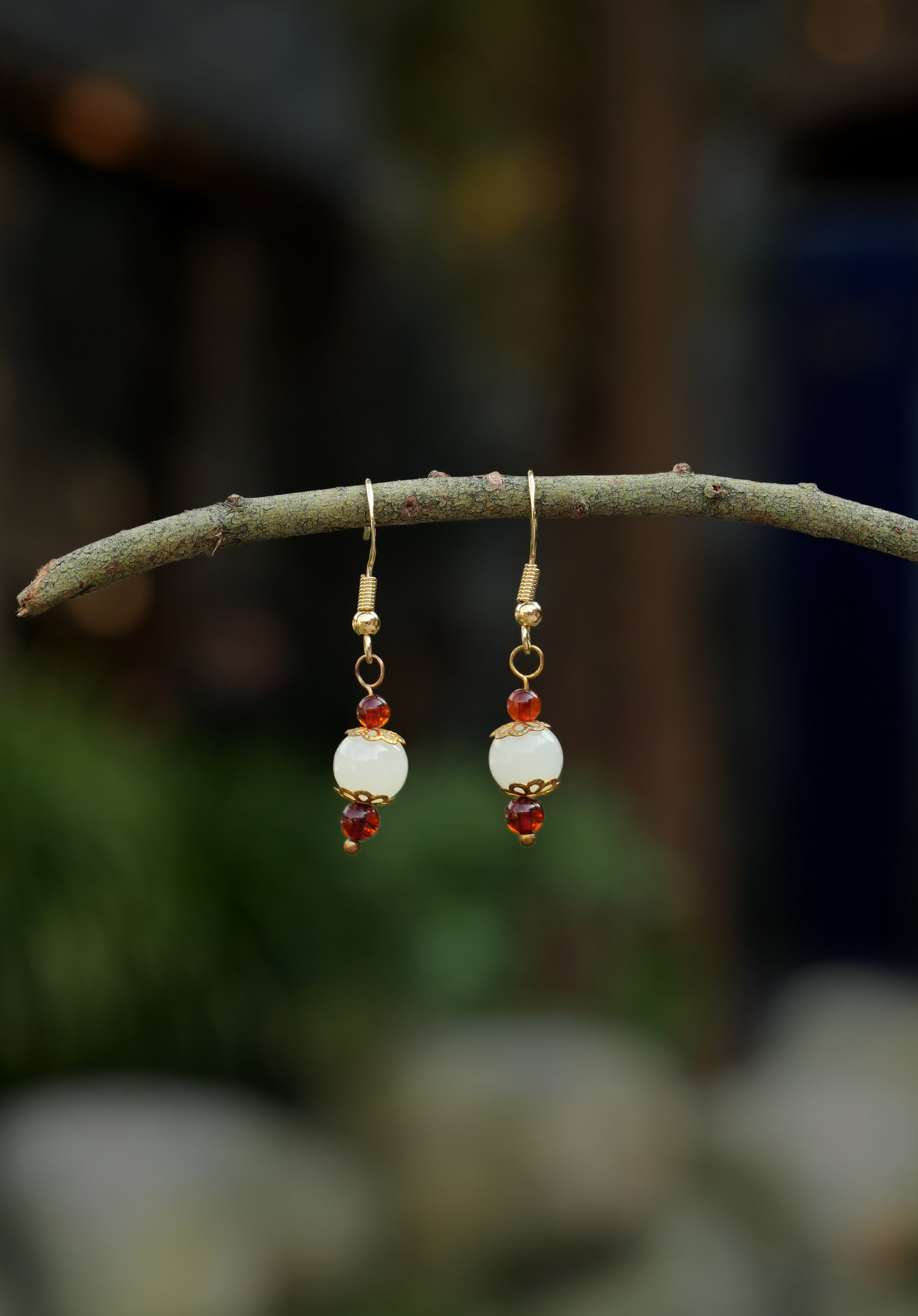 Natural Hetian Jade & Blood Amber Drop Earrings