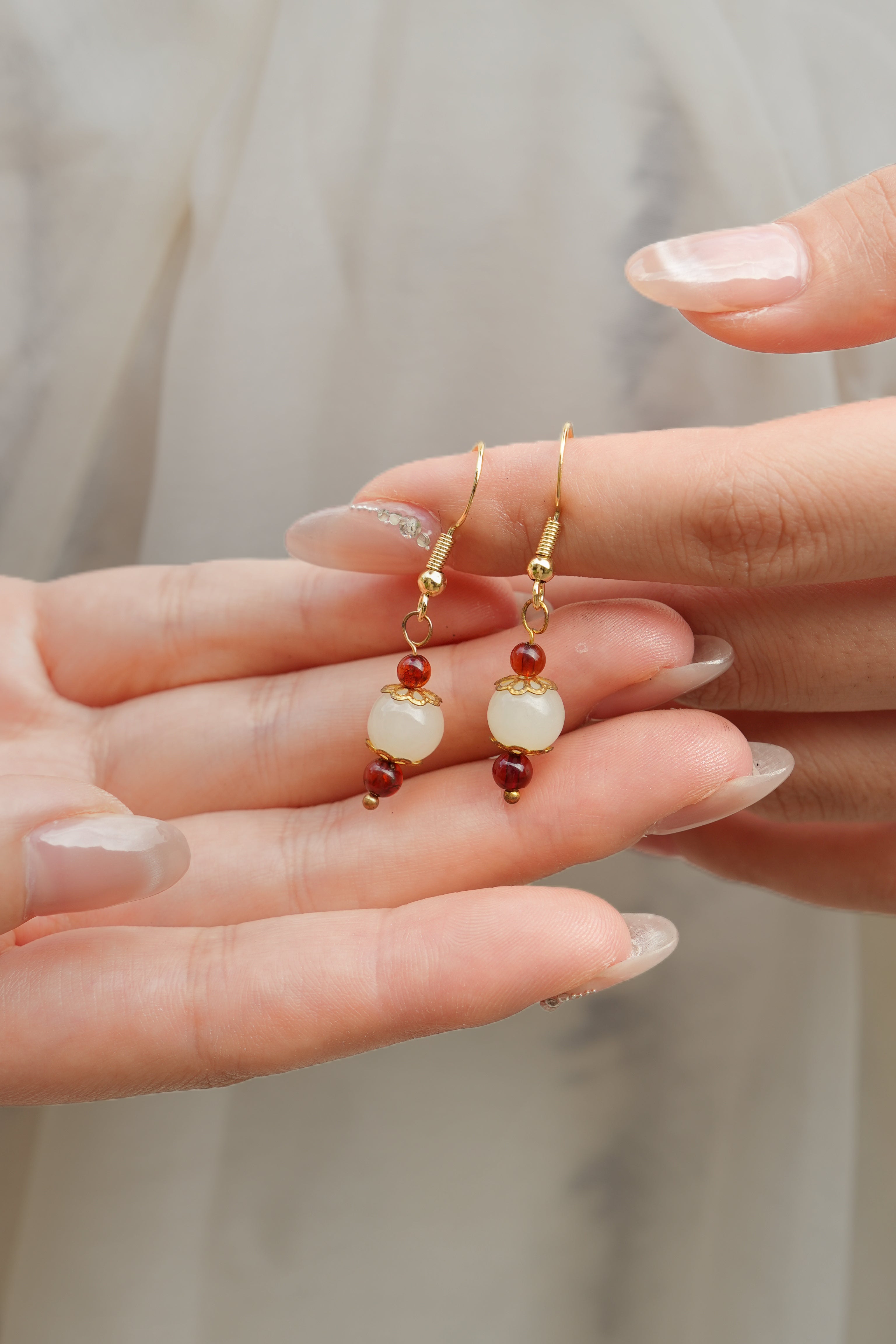 Natural Hetian Jade & Blood Amber Drop Earrings
