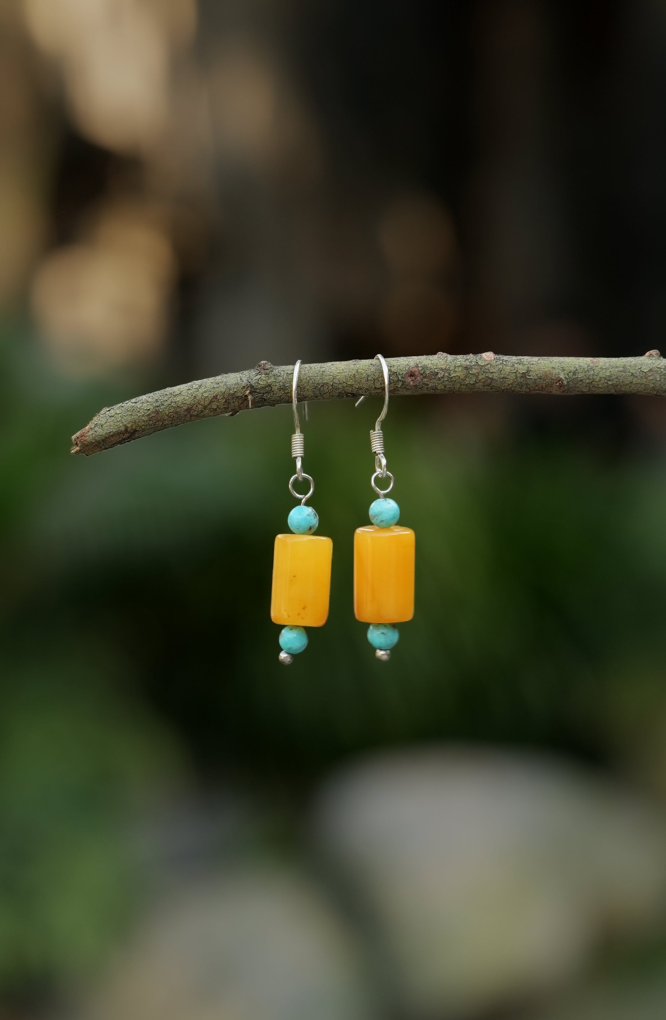 Handmade Natural Mala Amber Turquoise Earrings Vintage Style Gift for Mom