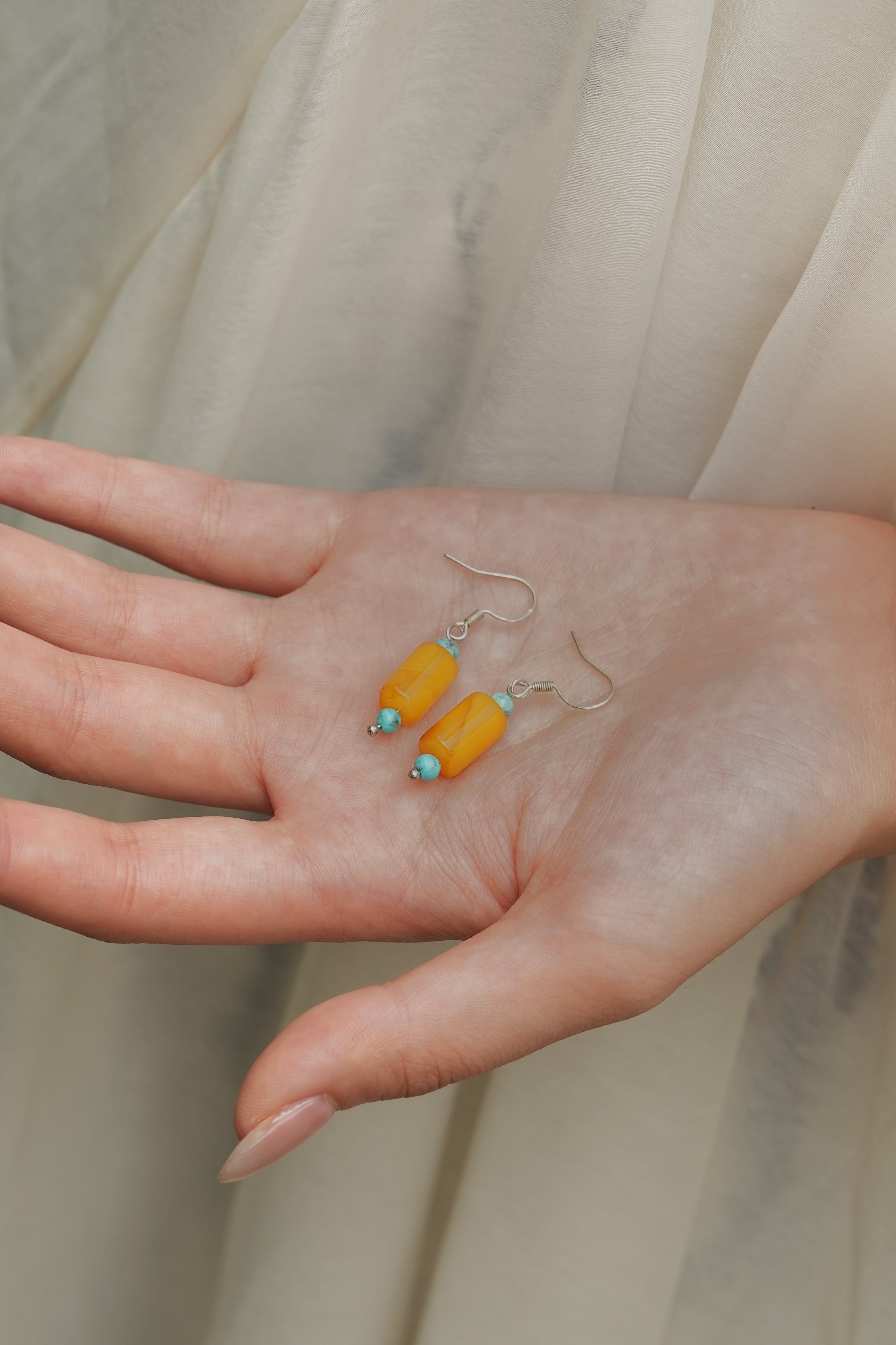 Handmade Natural Mala Amber Turquoise Earrings Vintage Style Gift for Mom