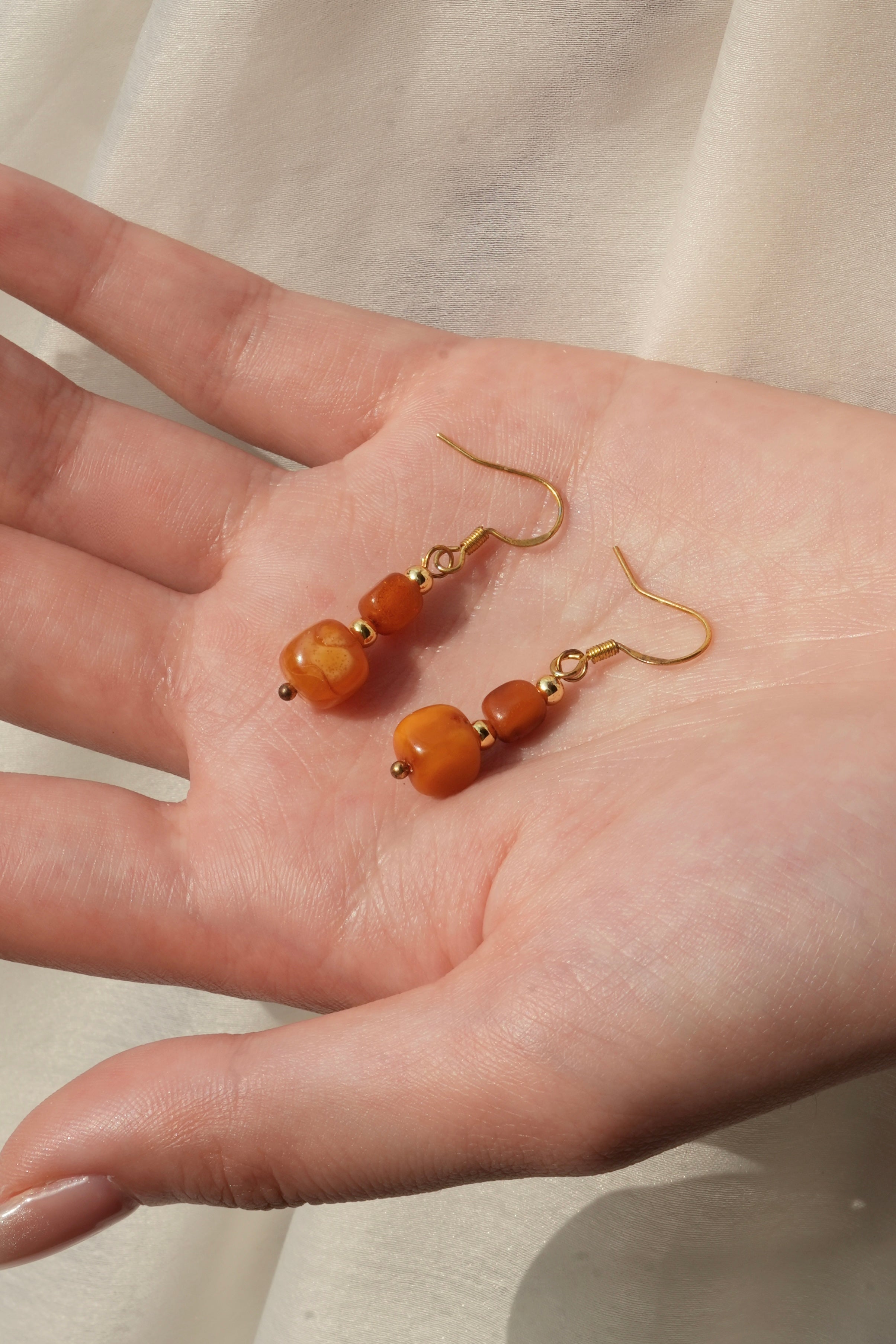Handmade 14K Oriental Retro Amber Beaded Earrings with Pumpkin Design for Girls