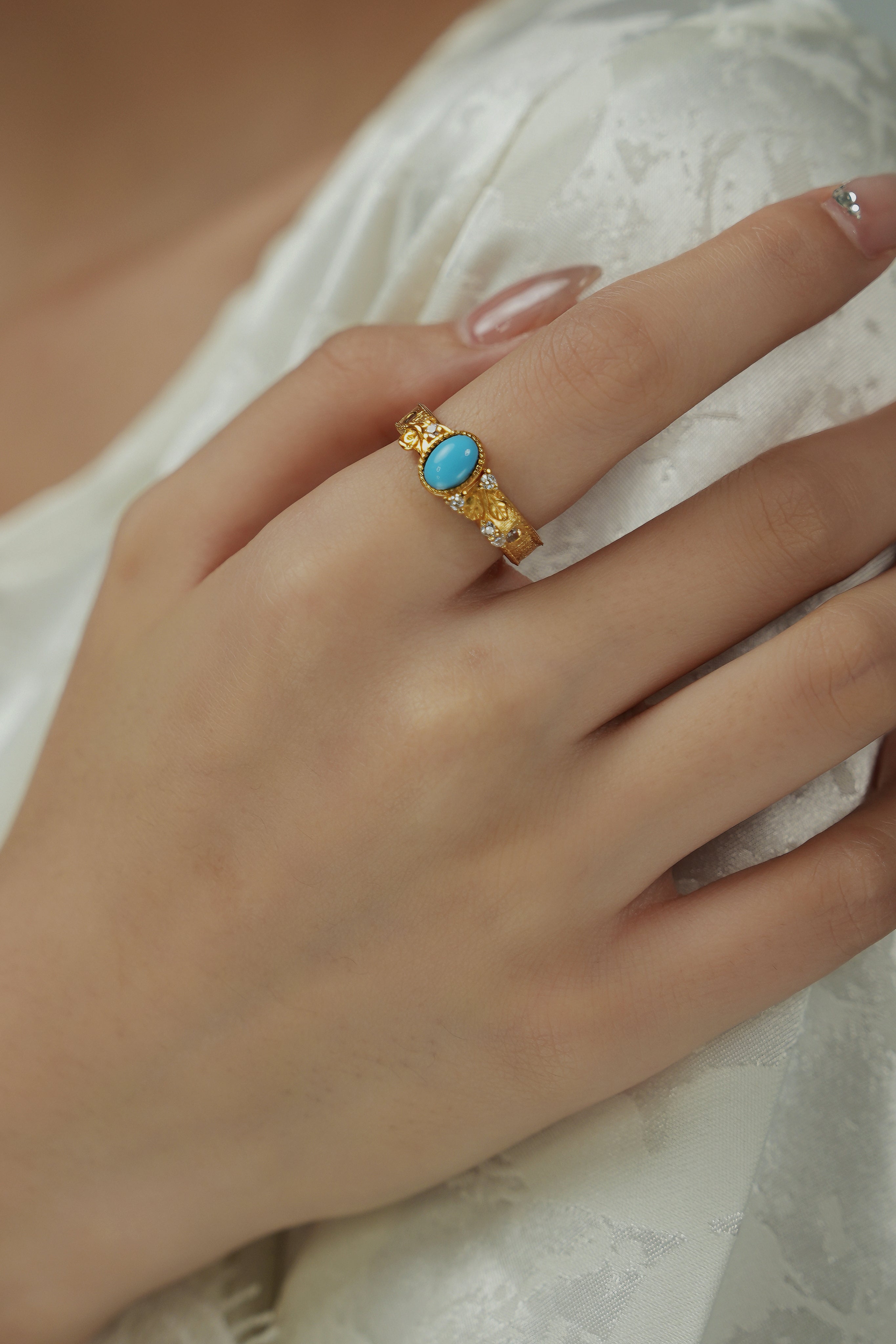 Flower Carved Blue Turquoise Ring Vintage Natural Stone Women's Ring Opening Adjustable