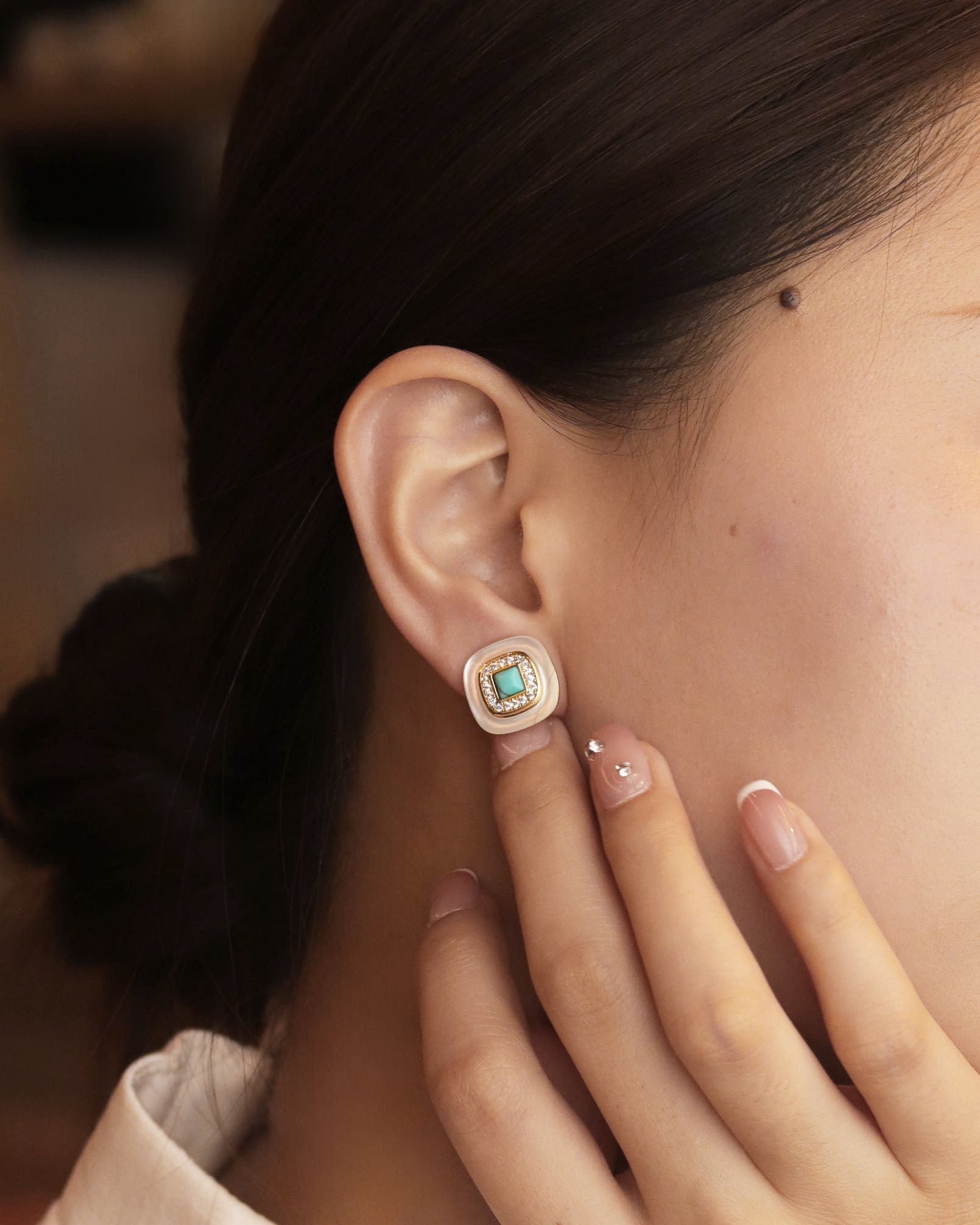 Square Pearl & Turquoise Stud Earrings