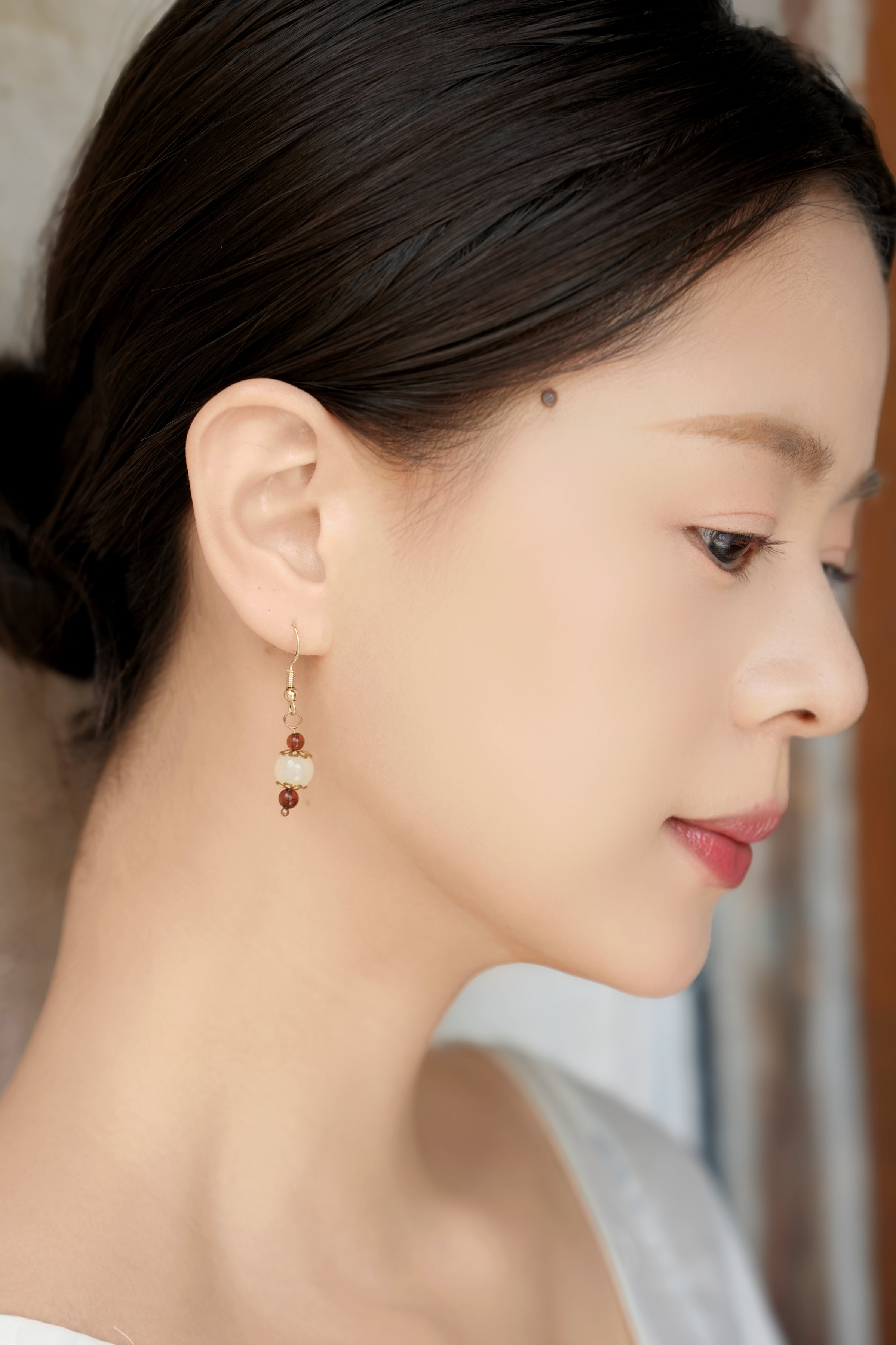Natural Hetian Jade & Blood Amber Drop Earrings